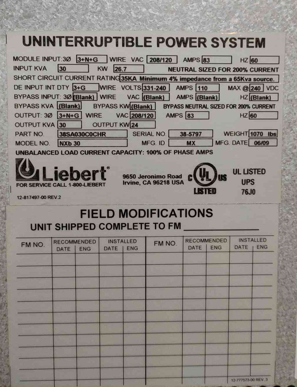 Liebert NXB 30 Uninterruptible Power System 30KVA 24 kW 3ph 208/120V & Battery Cabinet UPS12-150MR 120 Amps DC