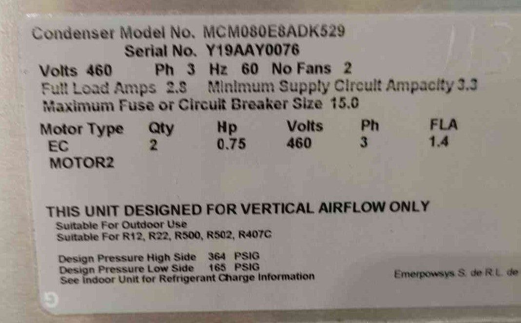 Vertiv Liebert MCM080 Outdoor Condenser MCM080E8ADK529 460V 3PH 2 Fan EC Motor