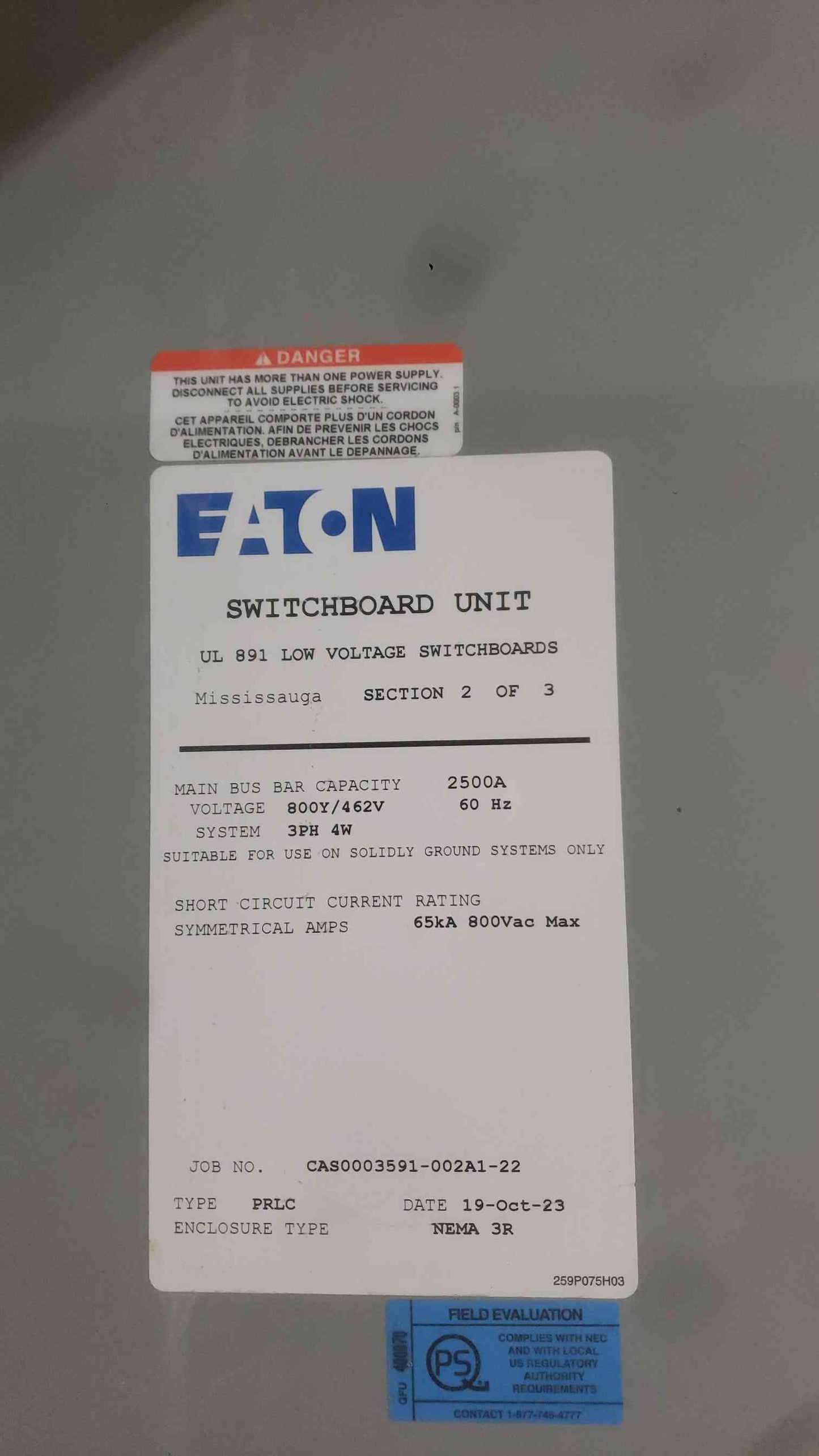 NEW Eaton 2500A 800V 3PH 4W Switchgear 3 Section Lineup (SKU: 114508)