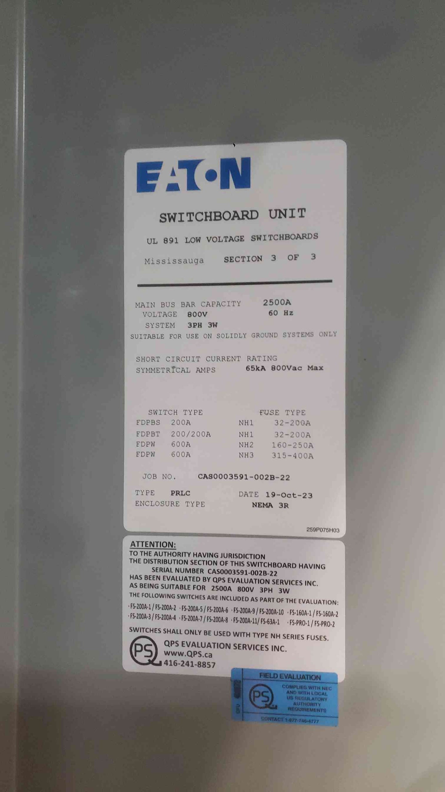 NEW Eaton 2500A 800V 3PH 4W Switchgear 3 Section Lineup (SKU: 114508)
