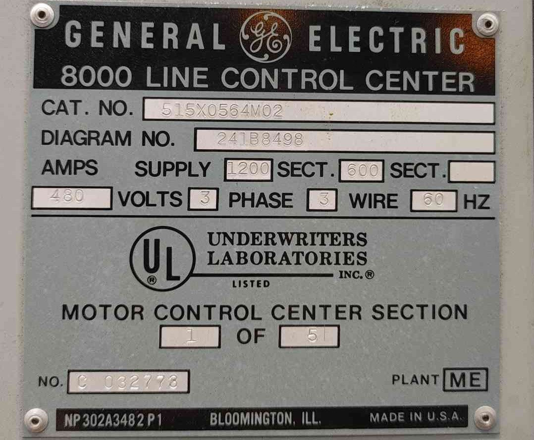 GE 8000 Line Motor Control Center 5-Section 1200A 480V 3PH MCC 515X0564M02