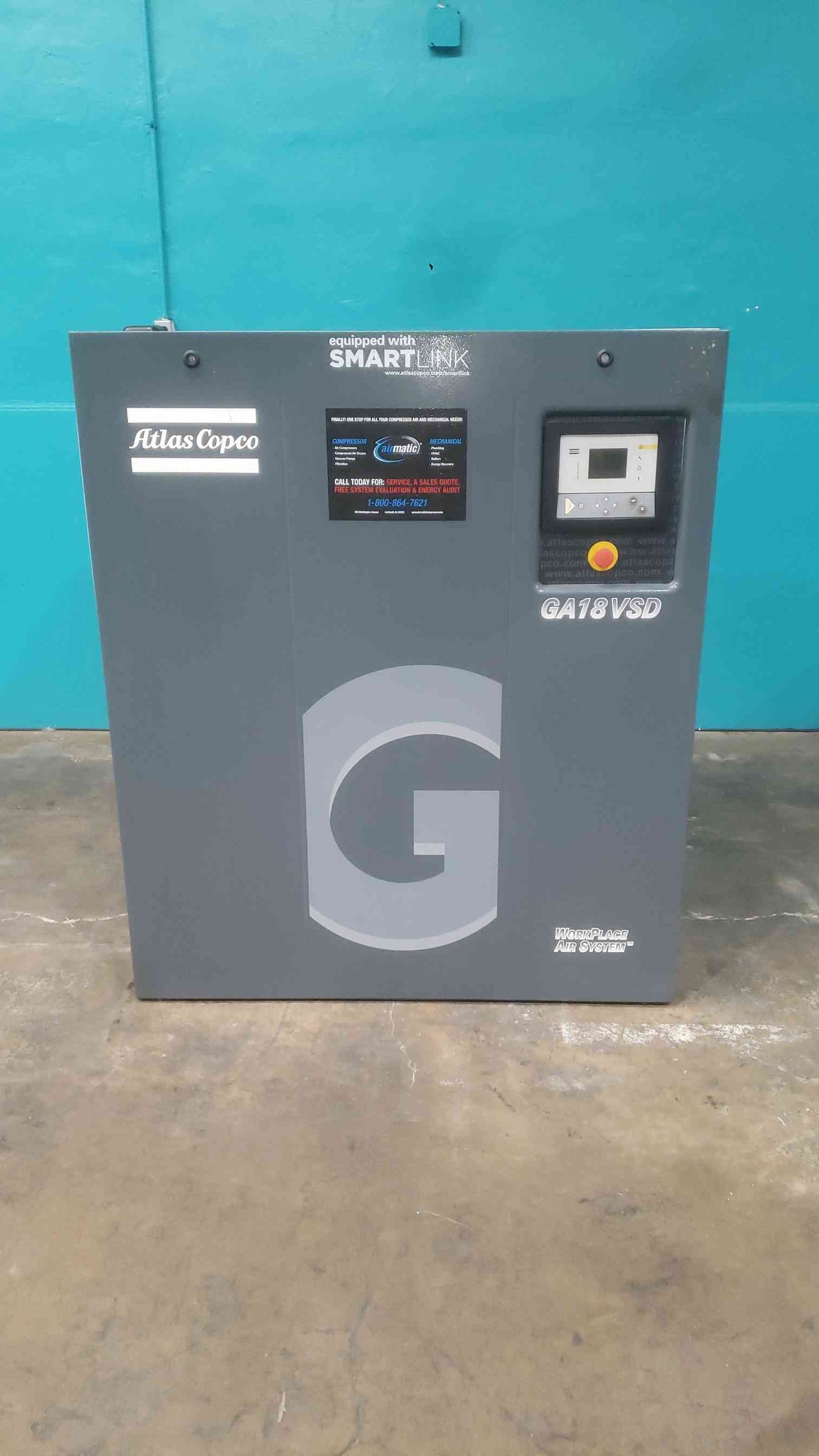 Atlas Copco GA18VSD Rotary Screw Air Compressor 25HP 127CFM 189PSI 230V 3PH 2012
