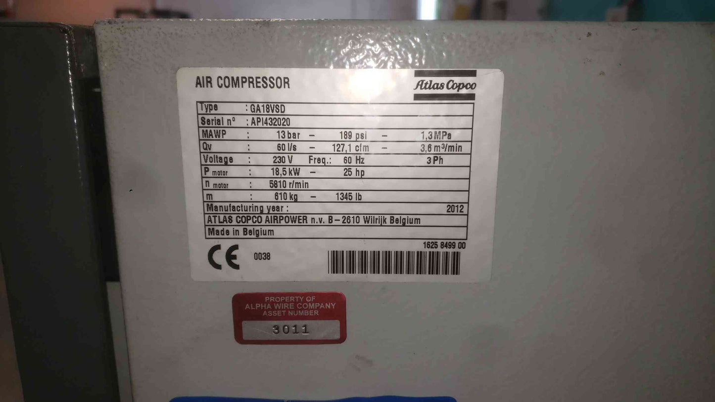 Atlas Copco GA18VSD Rotary Screw Air Compressor 25HP 127CFM 189PSI 230V 3PH 2012