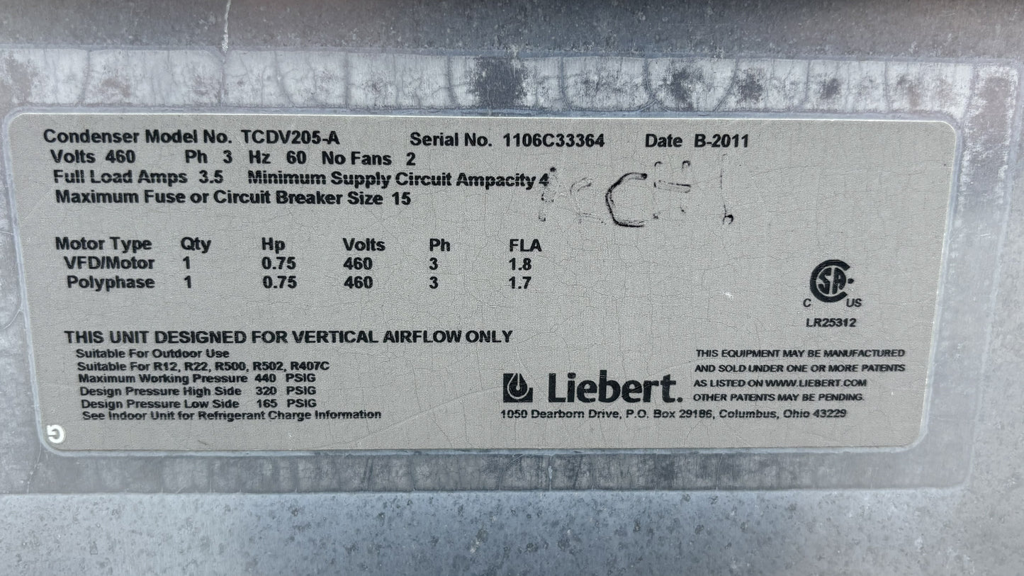Liebert TCDV205-A Outdoor Air Cooled Condenser 2-Fan 460V 3PH Data Center