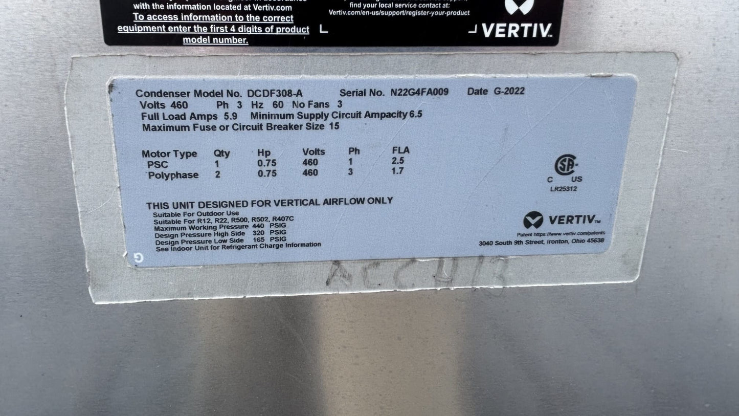 Vertiv Liebert DCDF308-A Outdoor Air Cooled Condenser 3-Fan 460V 3PH 2022