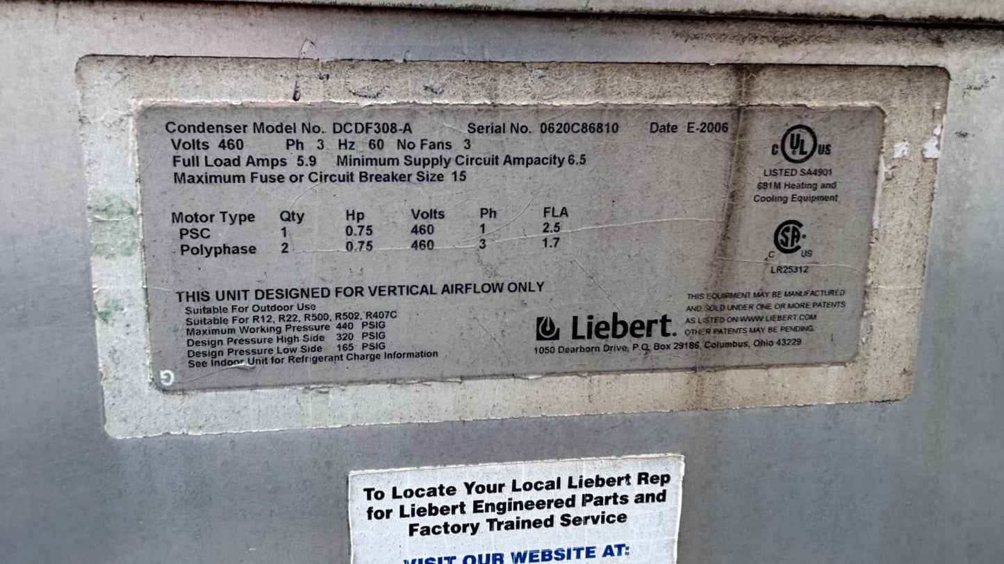 Liebert DCDF308-A Outdoor Air Cooled Condenser 3-Fan 460V 3PH Data Center 2006