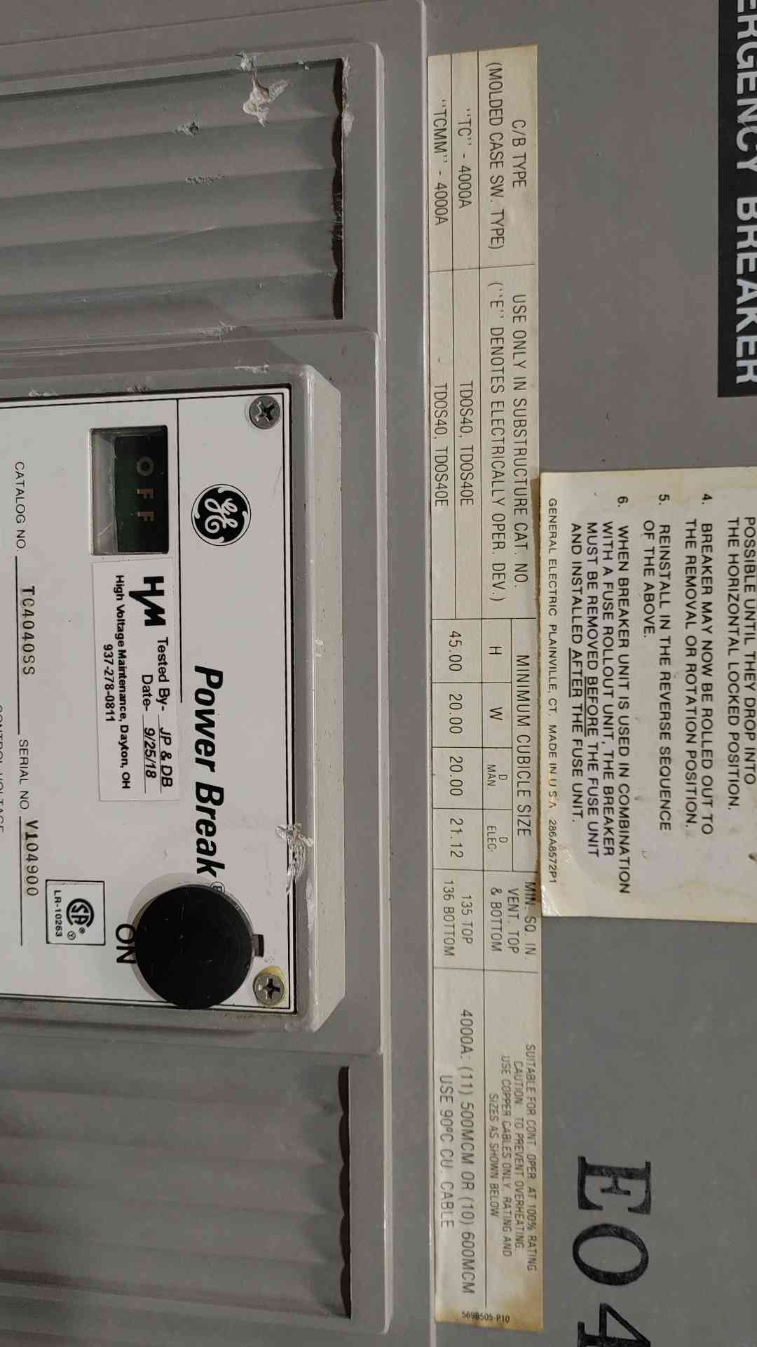 GE Power Break TC4040SS 4000A 3 Pole Drawout Circuit Breaker RMS-9 VersaTrip