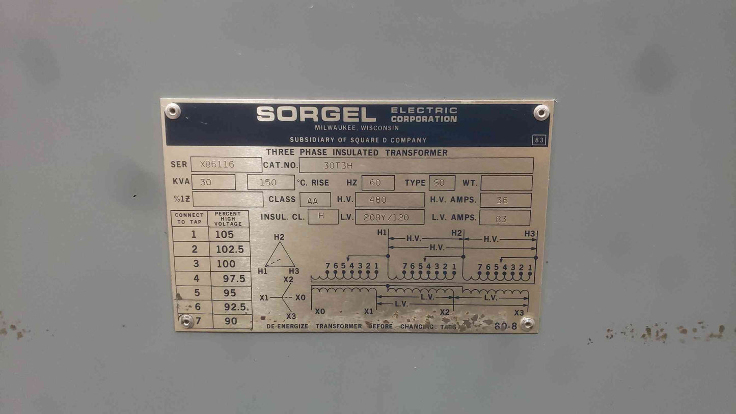Square D Sorgel 30 KVA Dry Type Transformer 3PH 480V 208Y/120V 30T3H AA 60Hz