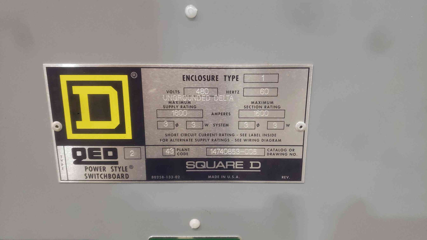 Square D QED-2 Power-Style Switchboard 1600A 480V 3PH 3W 2-Section Loaded Panel
