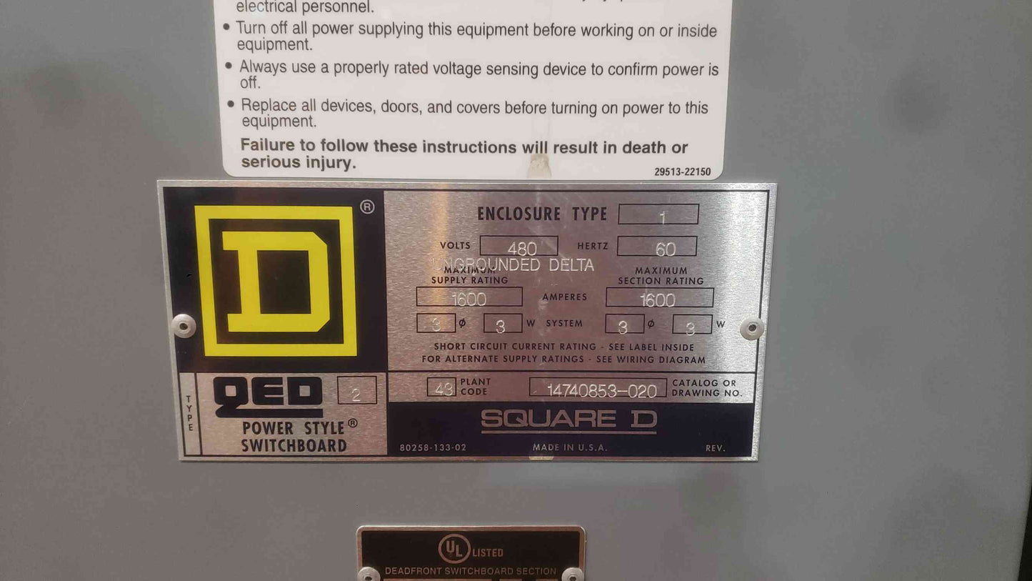 Square D QED-2 Power-Style Switchboard 1600A 480V 3PH 3W 2-Section Loaded Panel