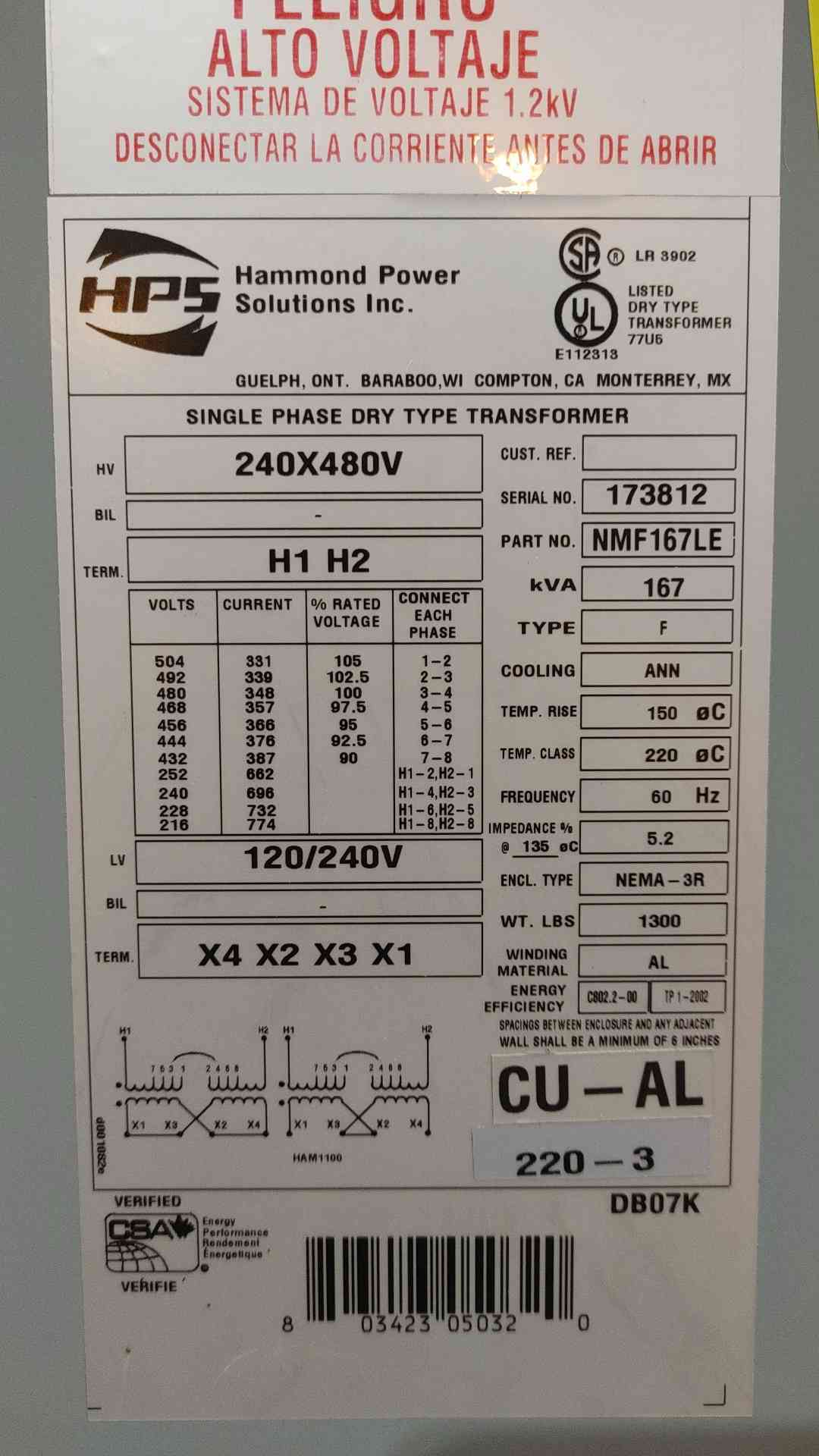 Hammond Power HPS NMF167LE 167 KVA Dry Type Transformer 240x480V 120/240V NEMA 3R