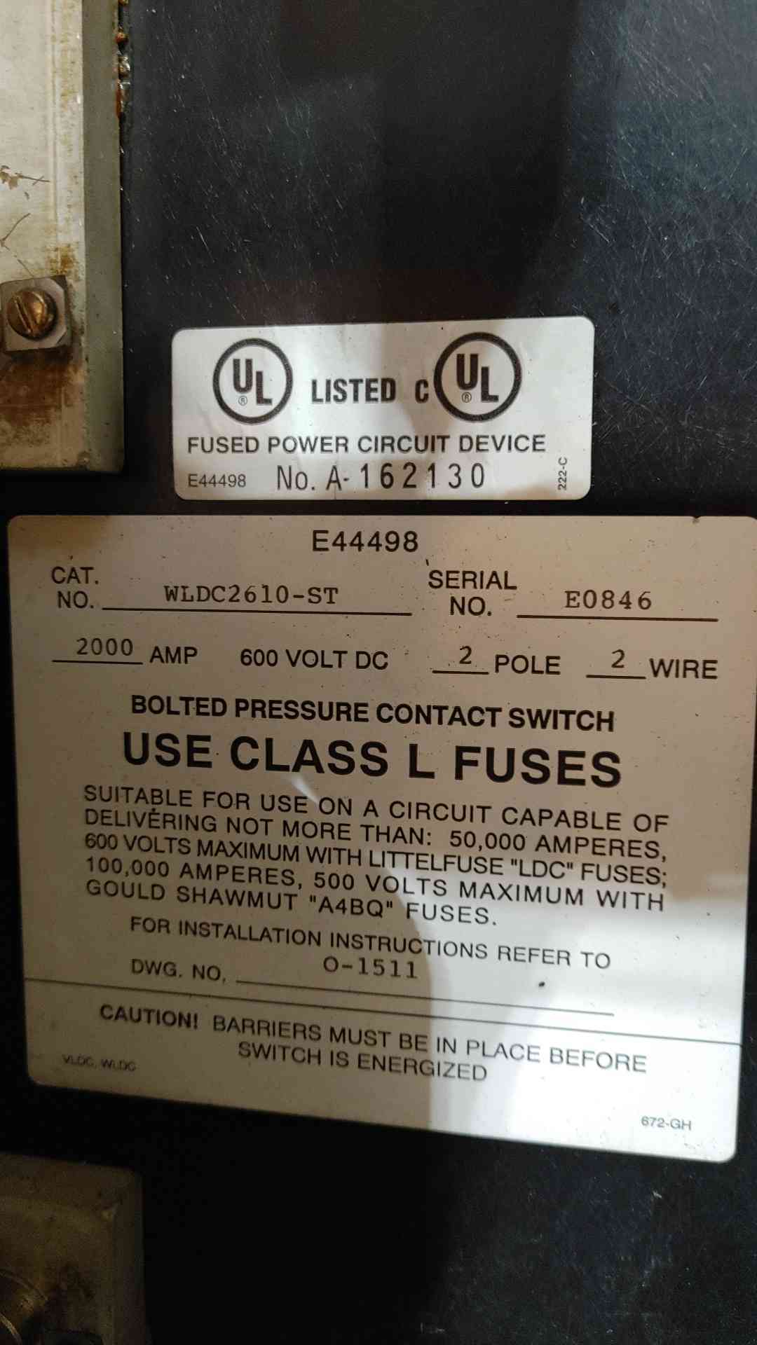 C&C Power 2000A 600VDC Disconnect Cabinet Boltswitch WLDC2610-ST Battery Switch