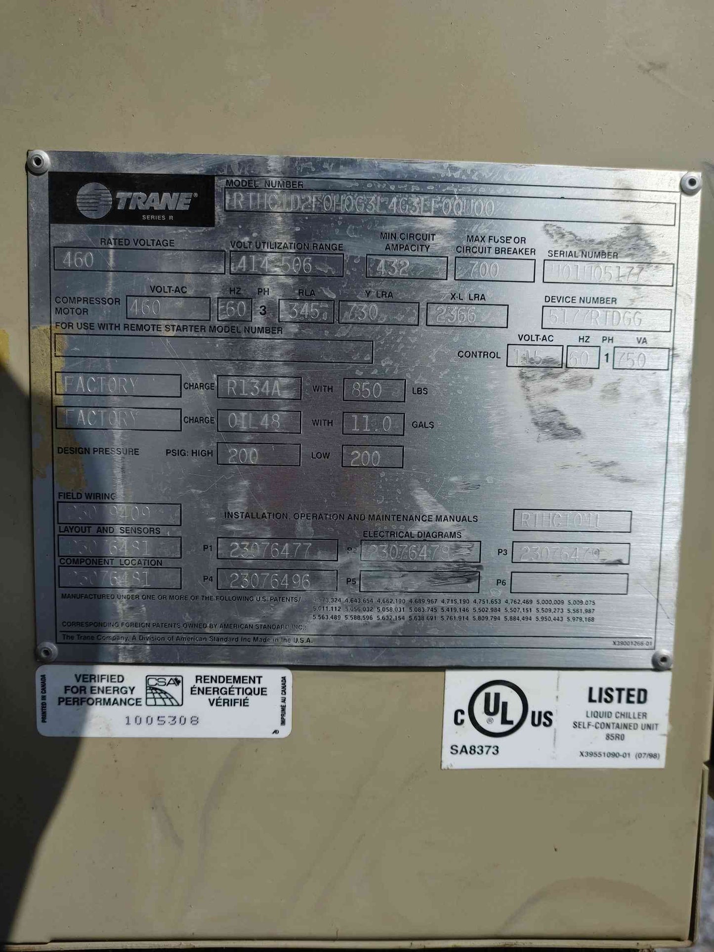 Trane RTHC 250 Ton Water Cooled Chiller 460V 3PH Rotary Screw RTHC1D2F0