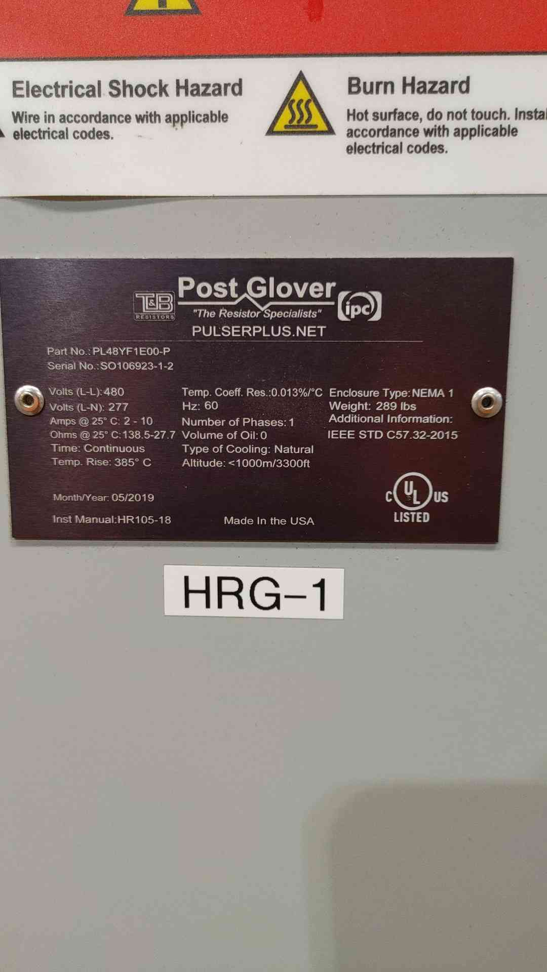 Post Glover HRG-2 High Resistance Grounding System | 480V 277V 60Hz 1-Phase NEMA 1 PL48YF1E00-P