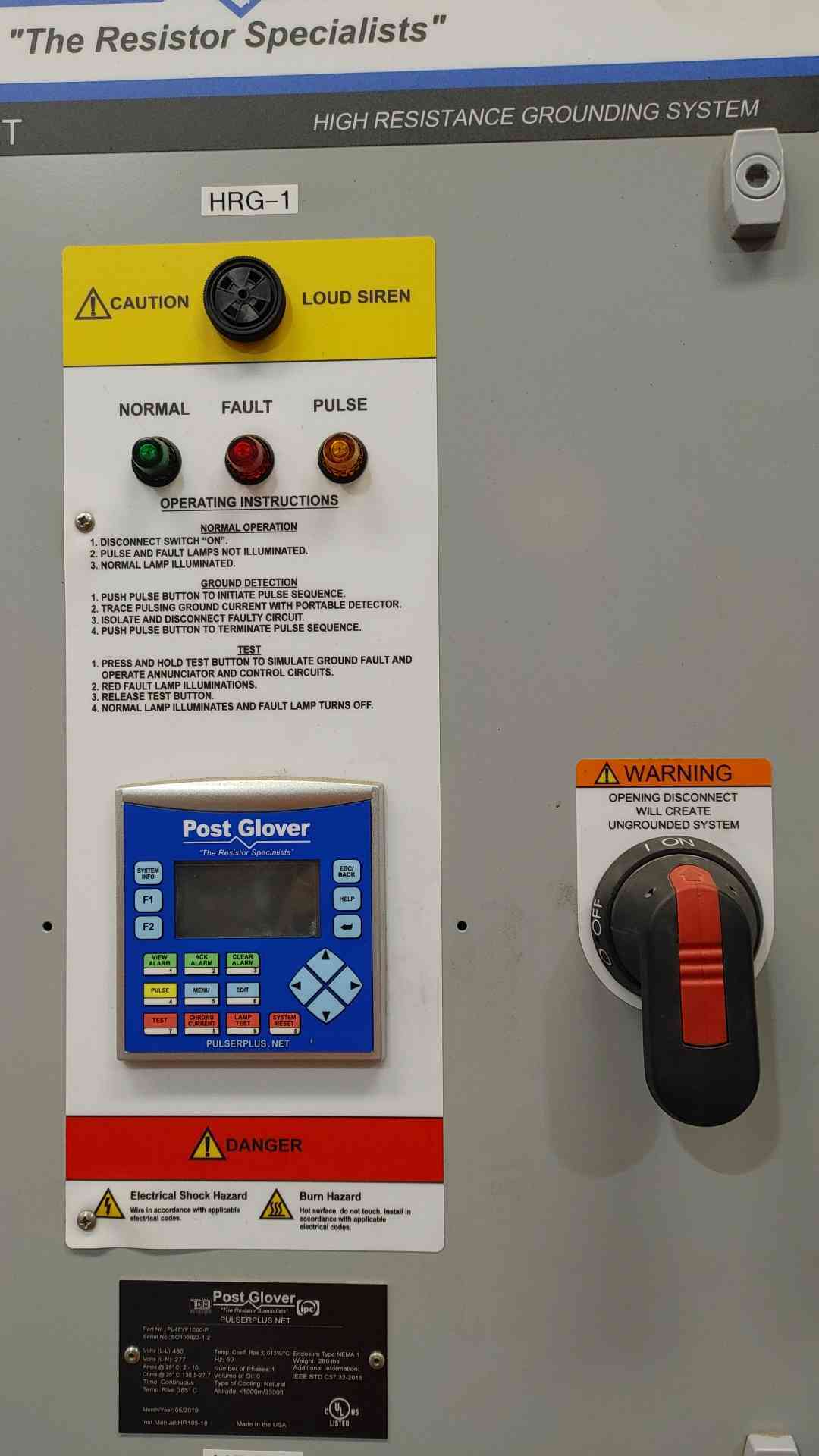 Post Glover HRG-2 High Resistance Grounding System | 480V 277V 60Hz 1-Phase NEMA 1 PL48YF1E00-P