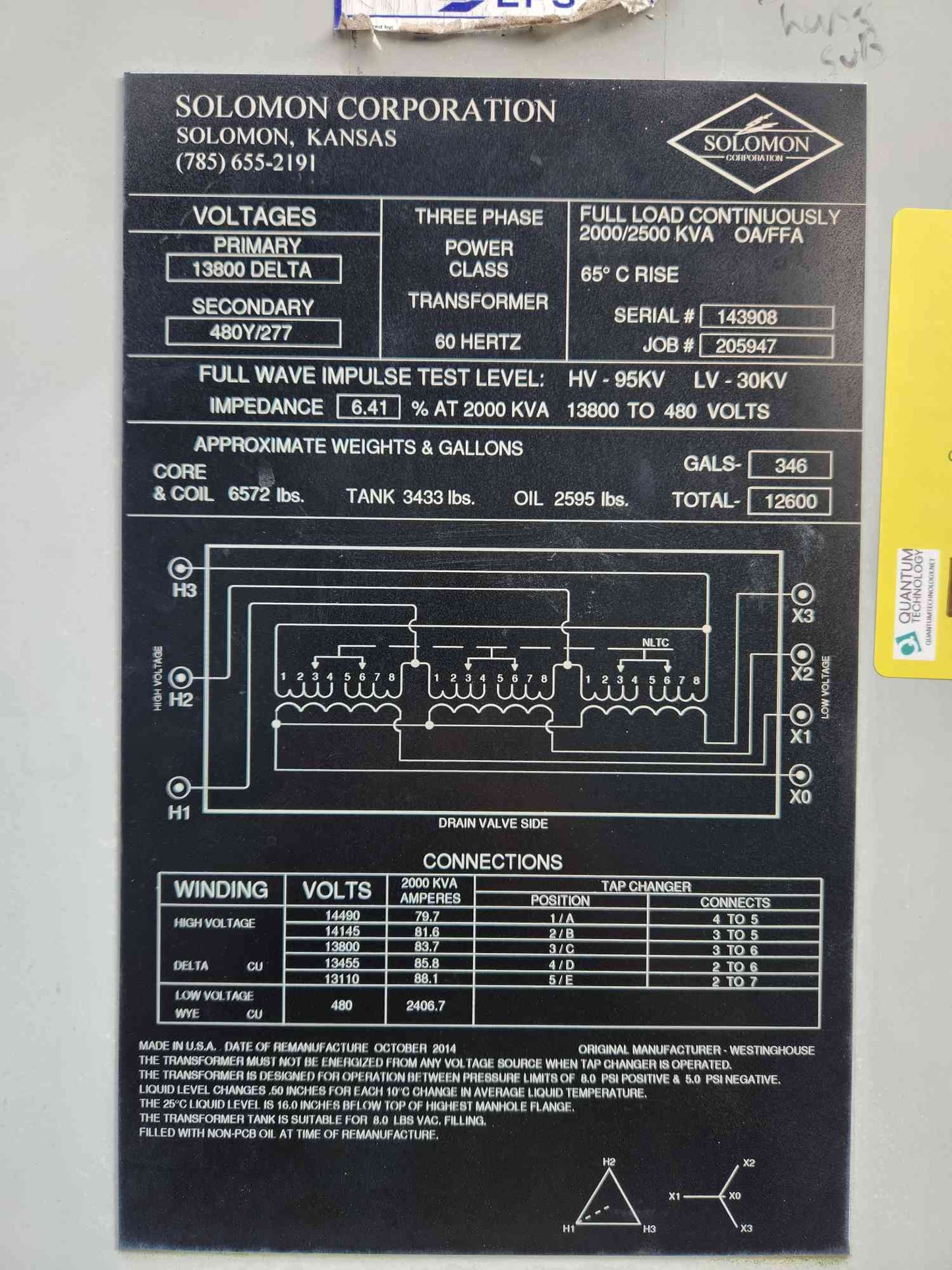 Solomon Westinghouse 2000 2500 kVA Substation Transformer 13800V to 480Y/277V 3Ph