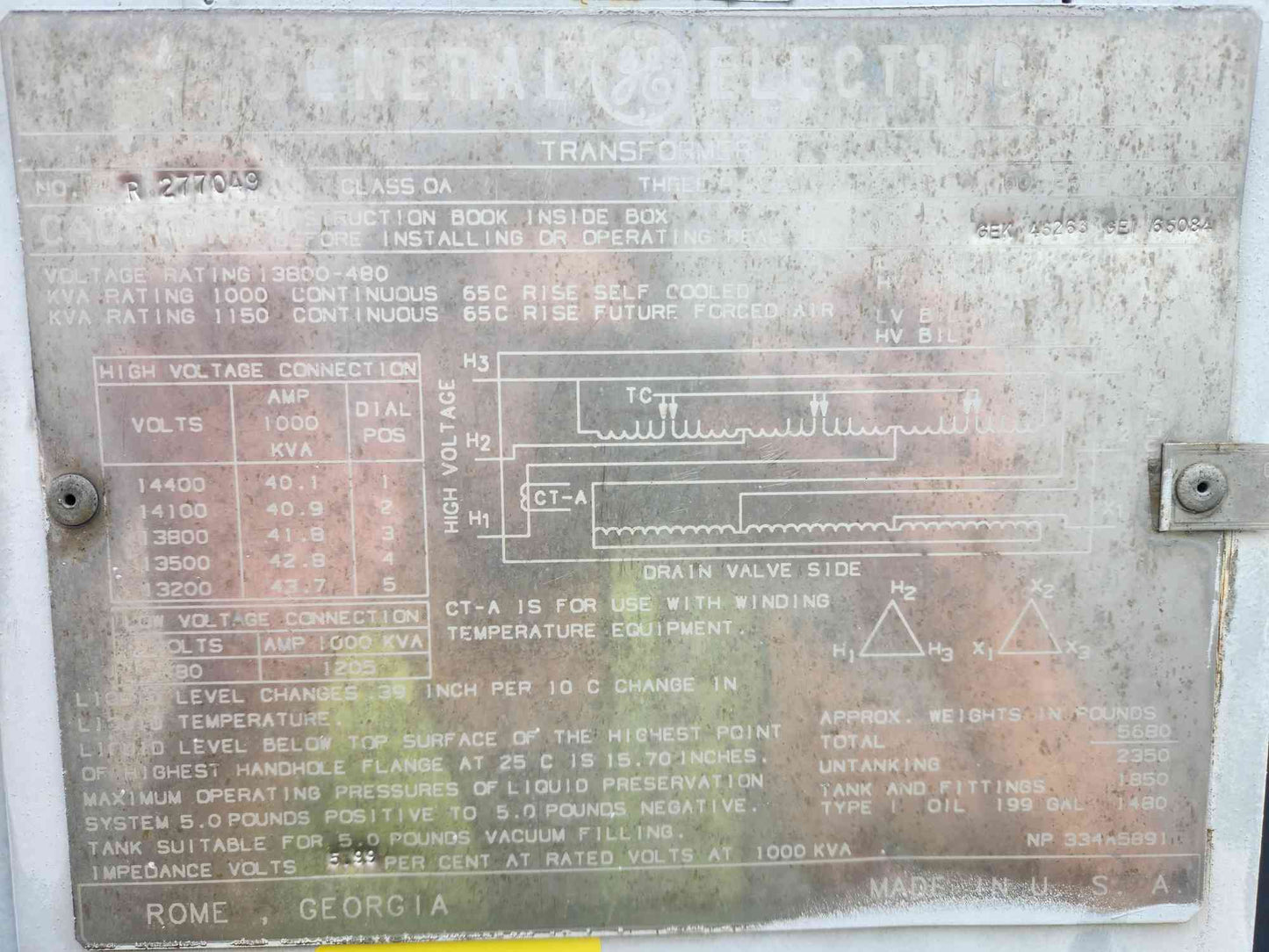 GE 1000 kVA Substation Transformer 13800V to 480V 3 Phase 1150 kVA Liquid Filled