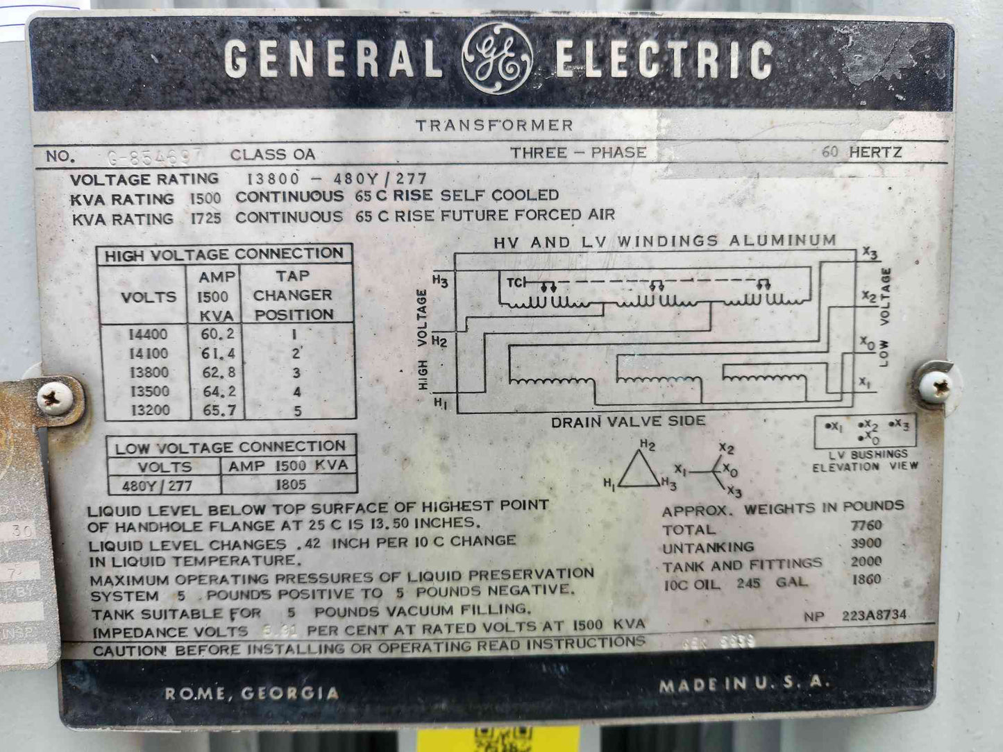 GE 1500 kVA Substation Transformer 13800V to 480Y/277V 3ph 1725 kVA Liquid