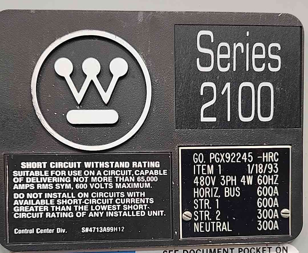 Westinghouse Series 2100 MCC 2 Structure 480V 600A Bus Motor Control Center