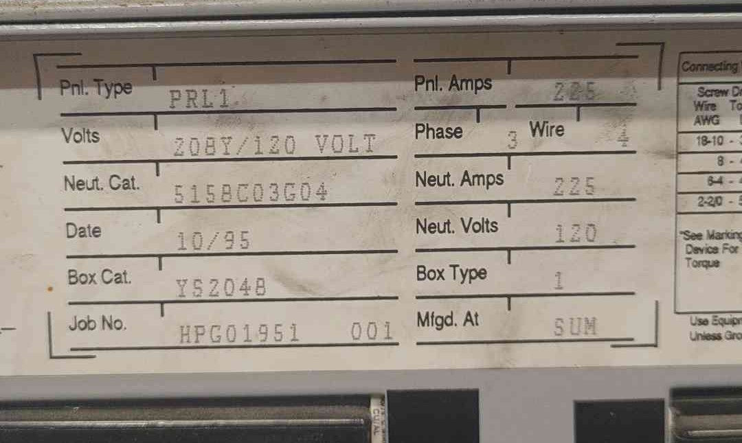 Cutler Hammer PRL1a 225A 208Y/120V 3 Phase Panelboard Panel 42 Ckt 25 Breakers BAB