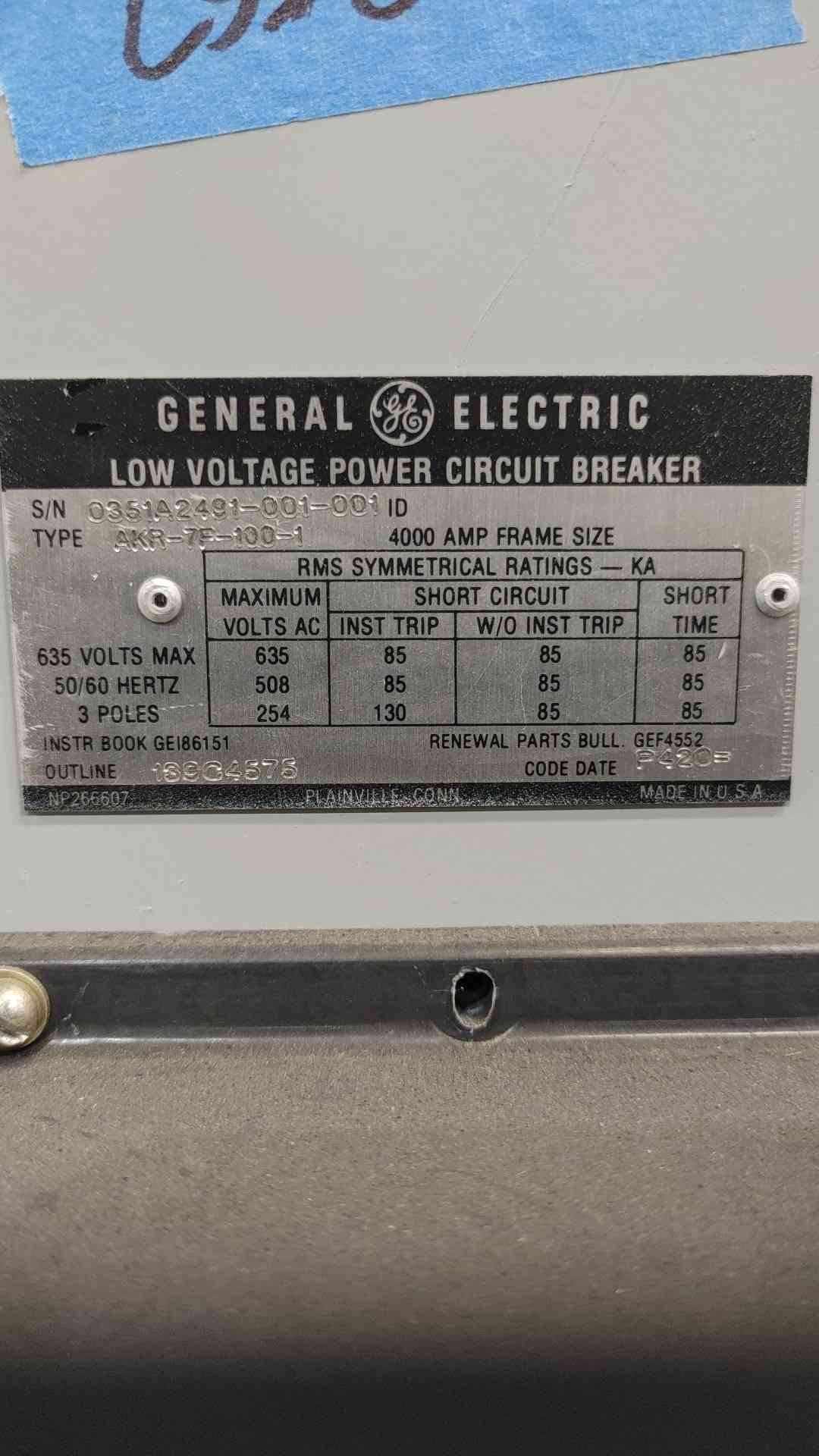 GE AKR-7D-100-1 4000A Drawout Power Circuit Breaker 635V RMS-9 MicroVersaTrip