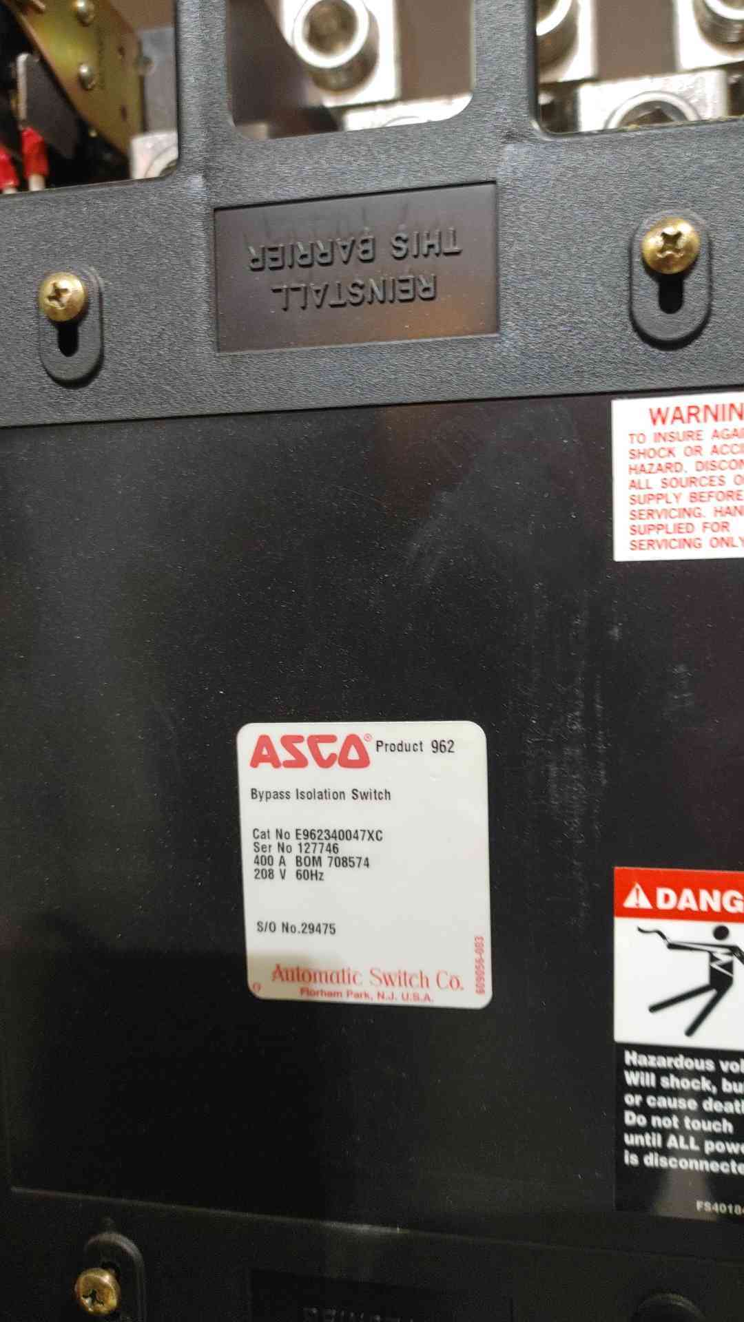 ASCO 7000 Series 400A 208V 3PH Bypass Isolation Transfer Switch E0096203040045XC