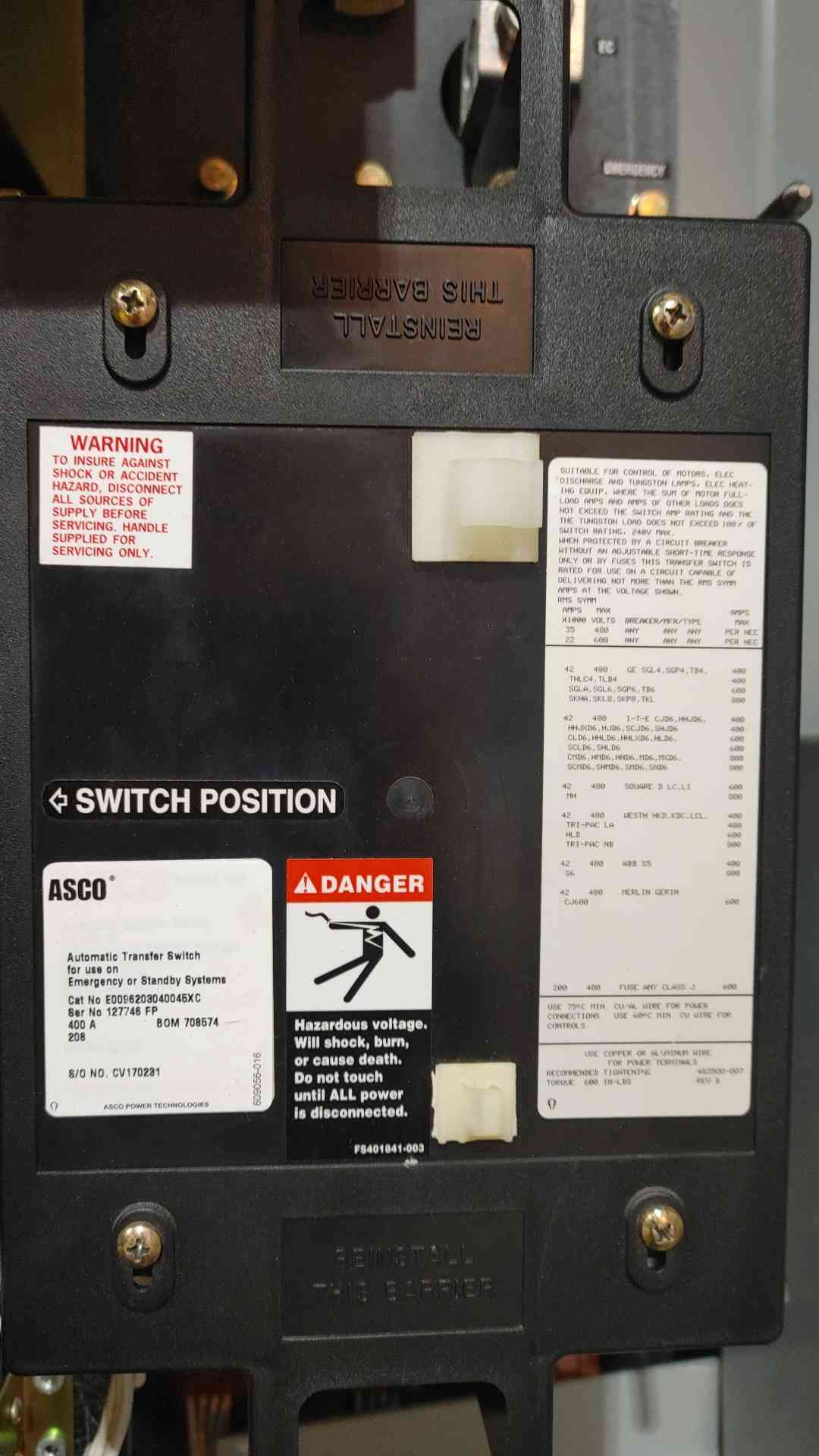 ASCO 7000 Series 400A 208V 3PH Bypass Isolation Transfer Switch E0096203040045XC