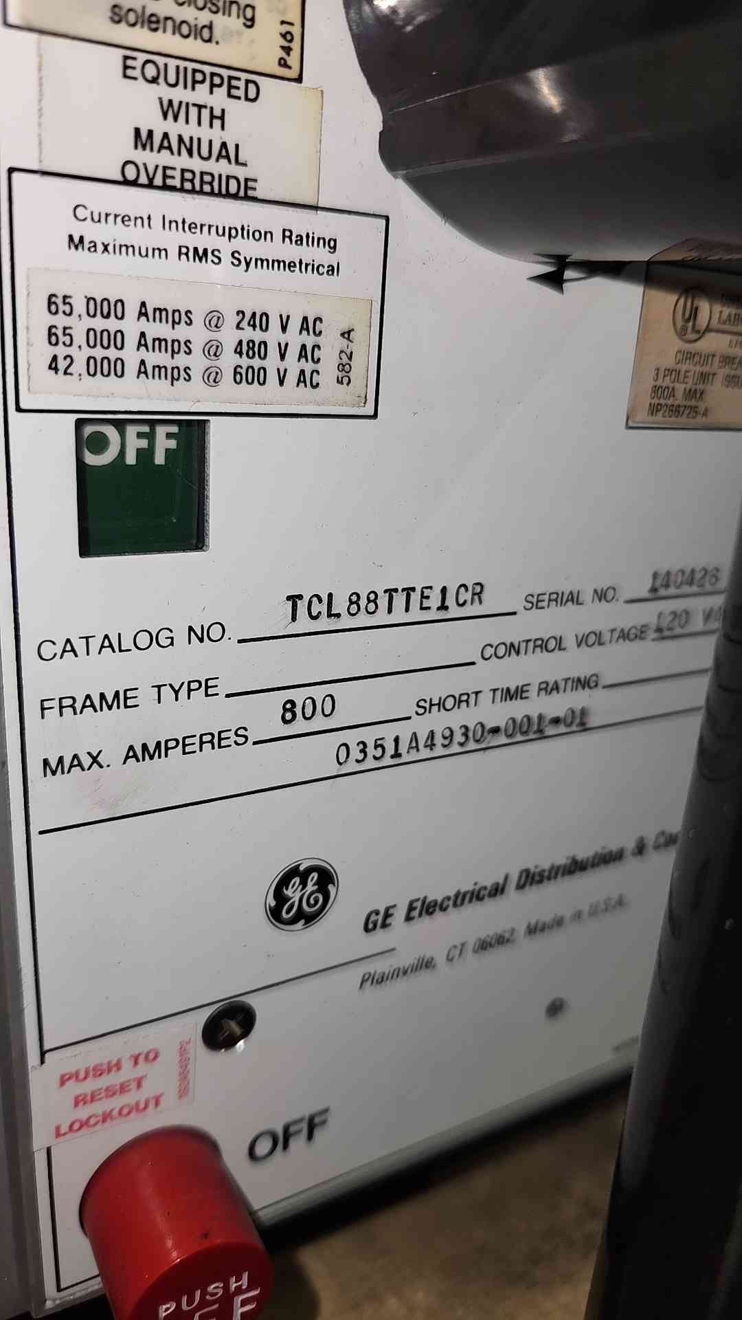 GE Power Break TCL88TTE1CR 800A Circuit Breaker Drawout MicroVersaTrip 120VAC