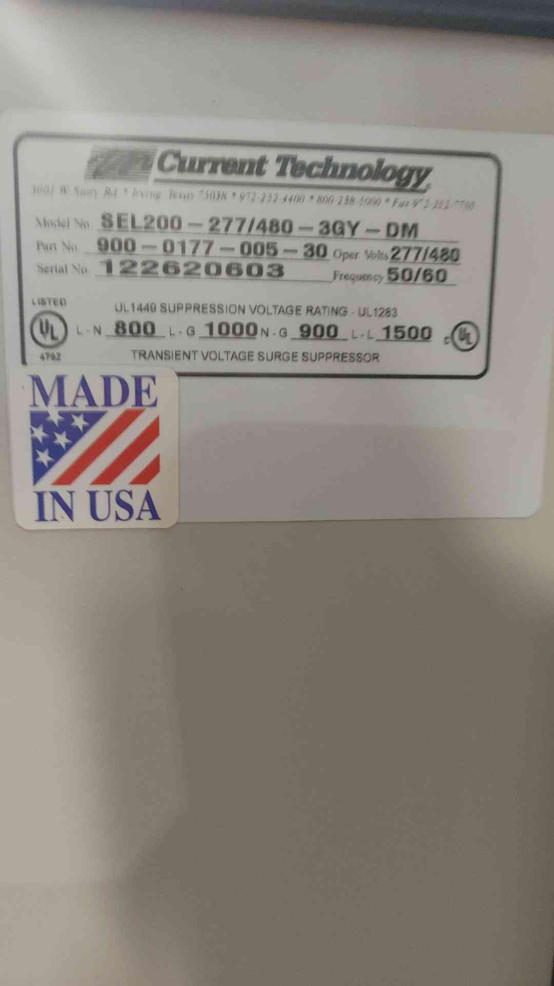 Current Technology SEL200 200kA TVSS Surge Suppressor 277/480V 3Phase Disconnect