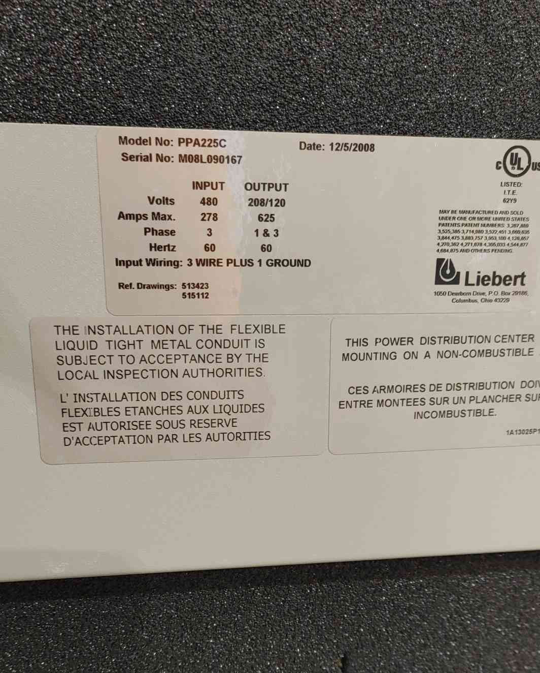 Liebert PPA225C 225 kVA Power Distribution Center PDU 480V to 208V 120V Transformer