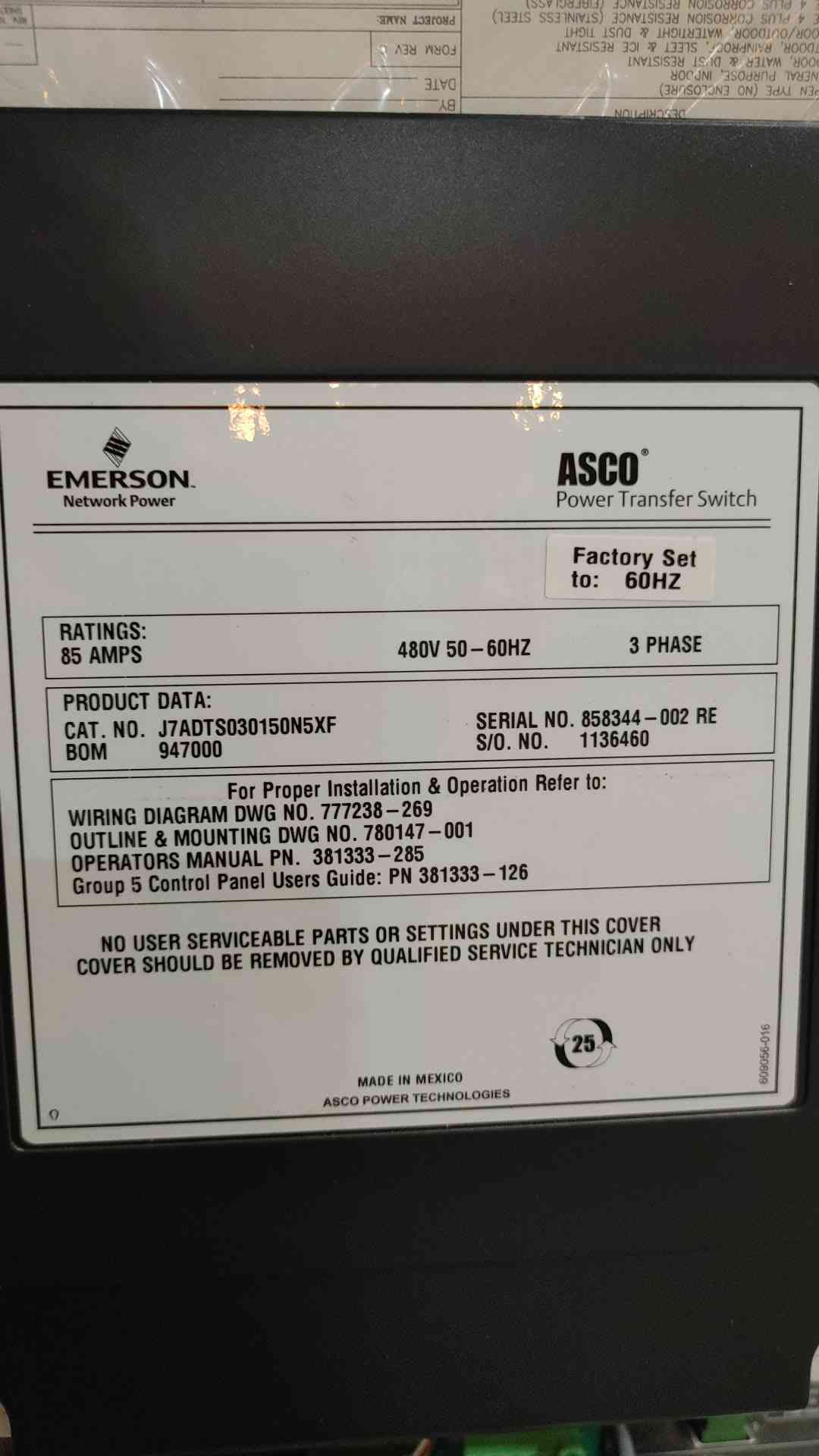 ASCO 7000 Series 85A Automatic Transfer Switch 480V 3Ph ATS J7ADTS030150N5XF