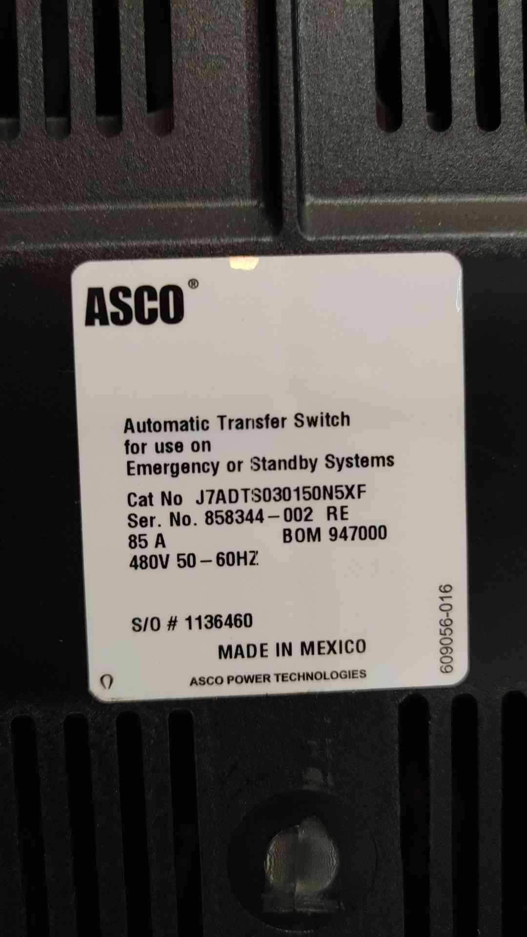 ASCO 7000 Series 85A Automatic Transfer Switch 480V 3Ph ATS J7ADTS030150N5XF