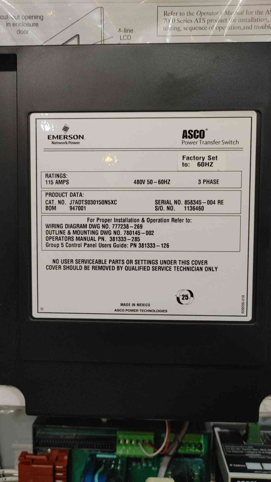 ASCO 7000 Series 115A Automatic Transfer Switch 480V 3Ph  ATS J7ADTS030150N5XC