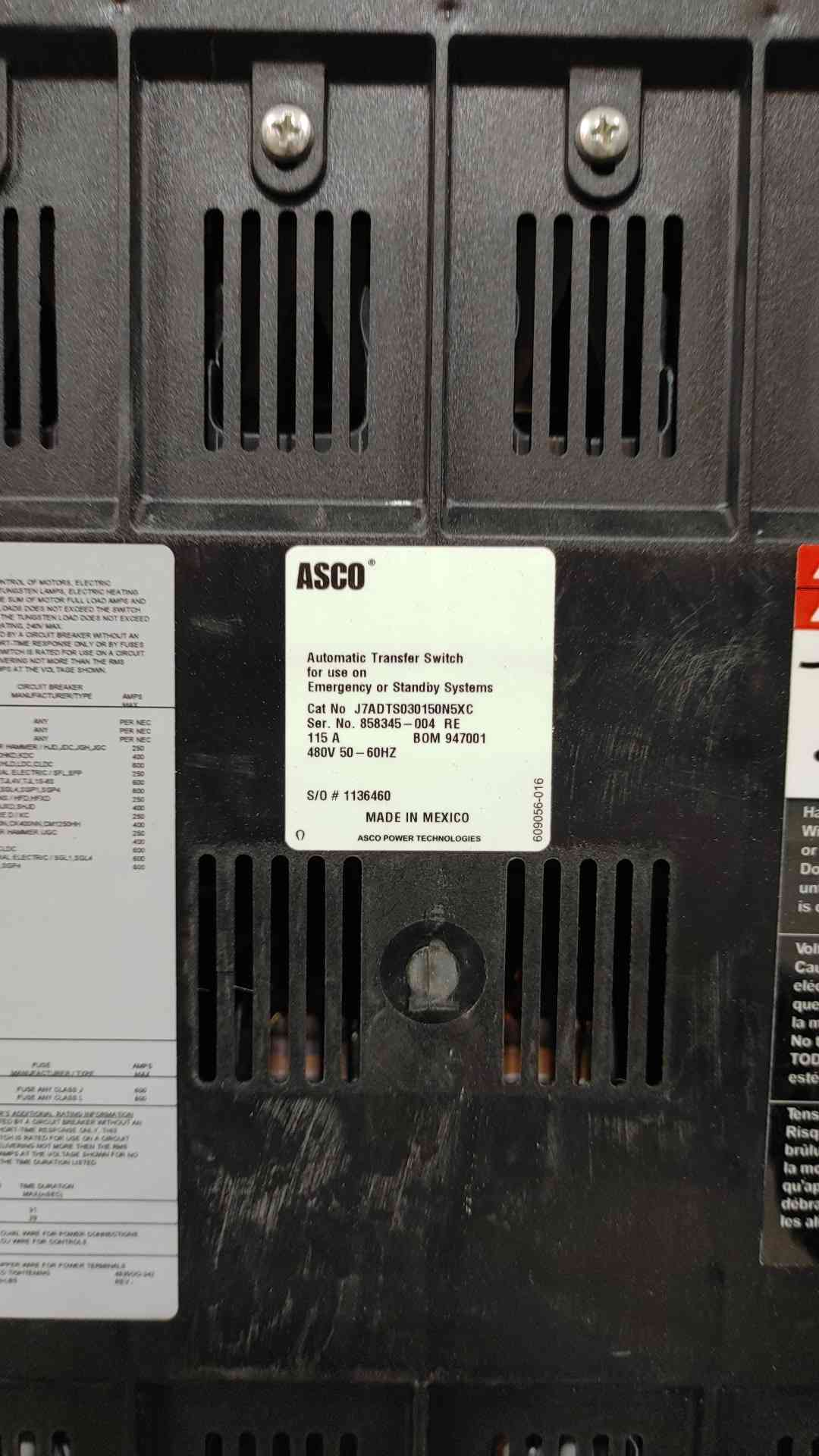 ASCO 7000 Series 115A Automatic Transfer Switch 480V 3Ph  ATS J7ADTS030150N5XC