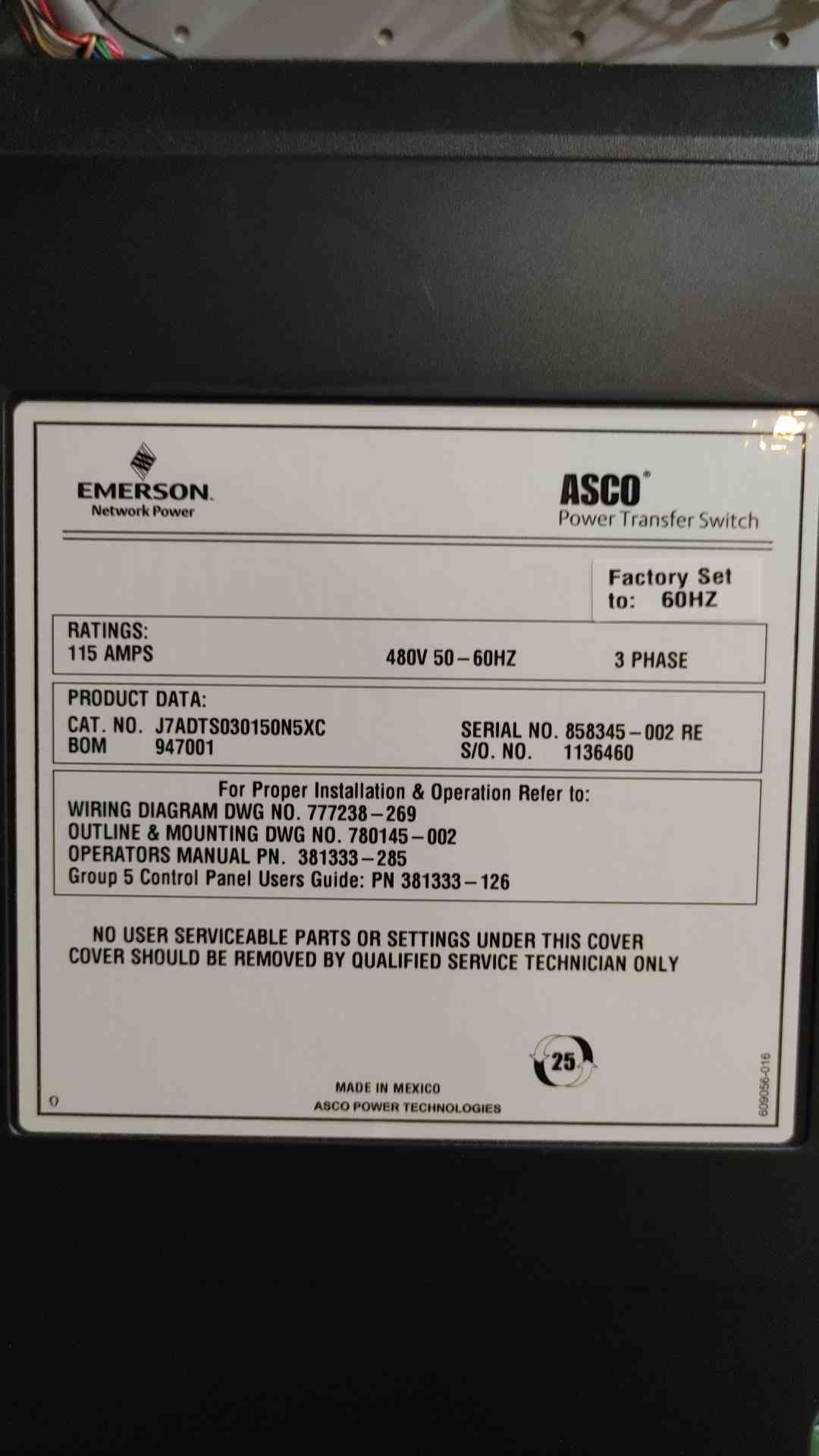 ASCO 7000 Series 115A Automatic Transfer Switch 480V 3Ph ATS J7ADTS030150N5XC