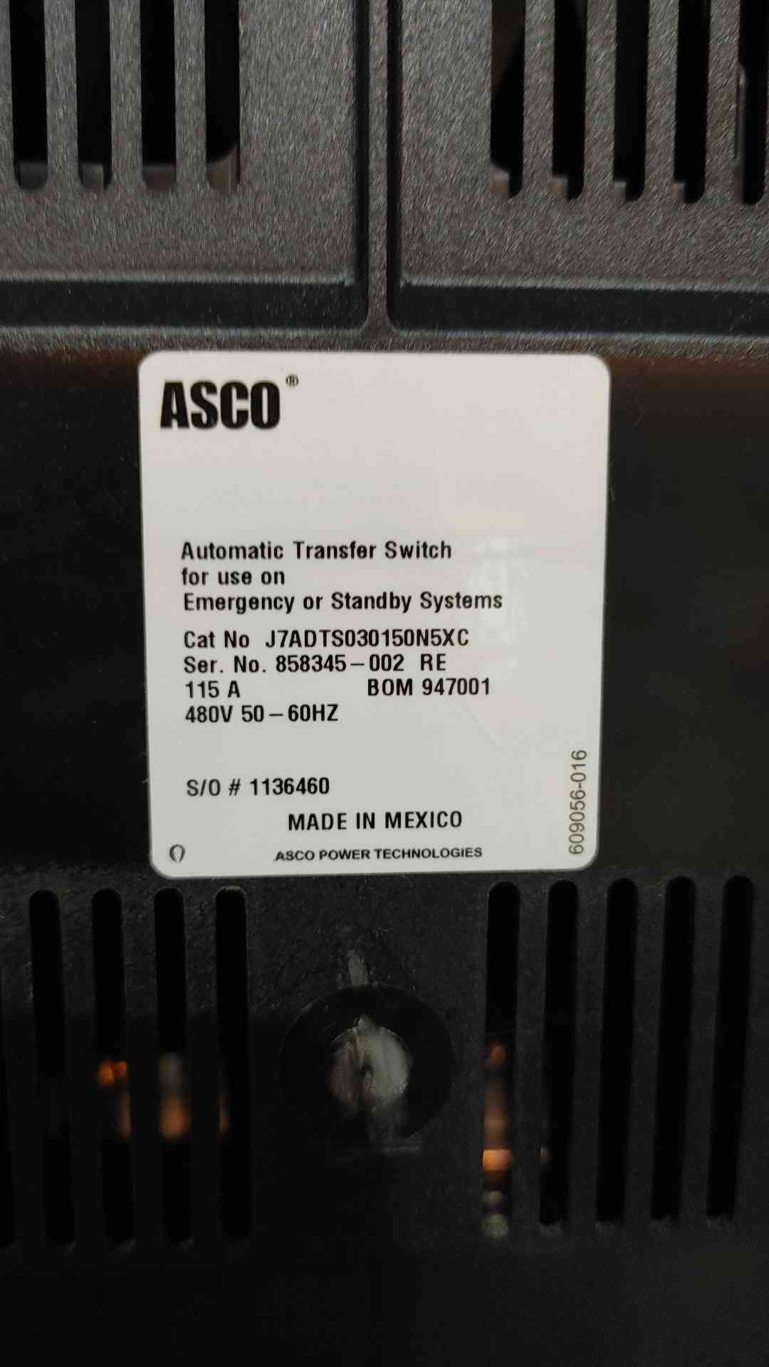 ASCO 7000 Series 115A Automatic Transfer Switch 480V 3Ph ATS J7ADTS030150N5XC