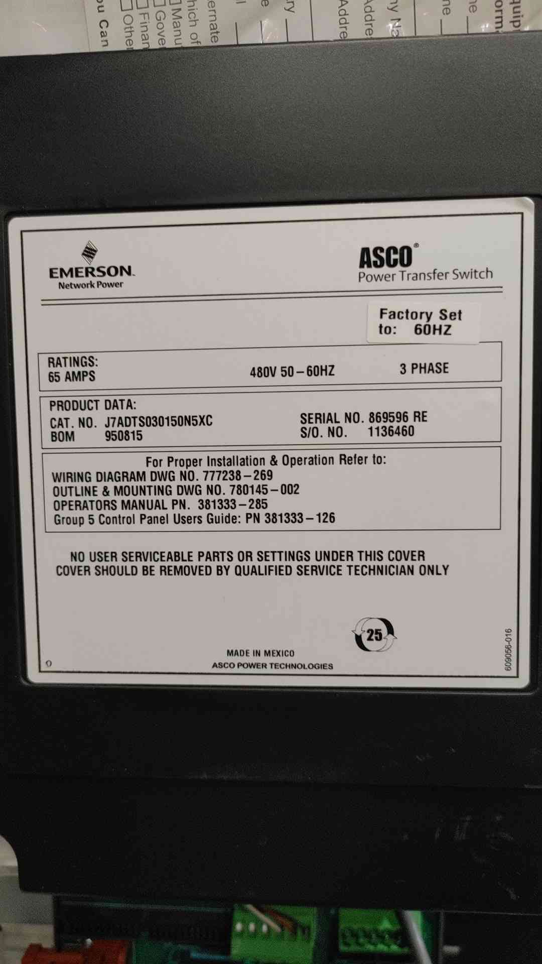 ASCO 7000 Series 65A Automatic Transfer Switch 480V 3Ph ATS J7ADTS030150N5XC