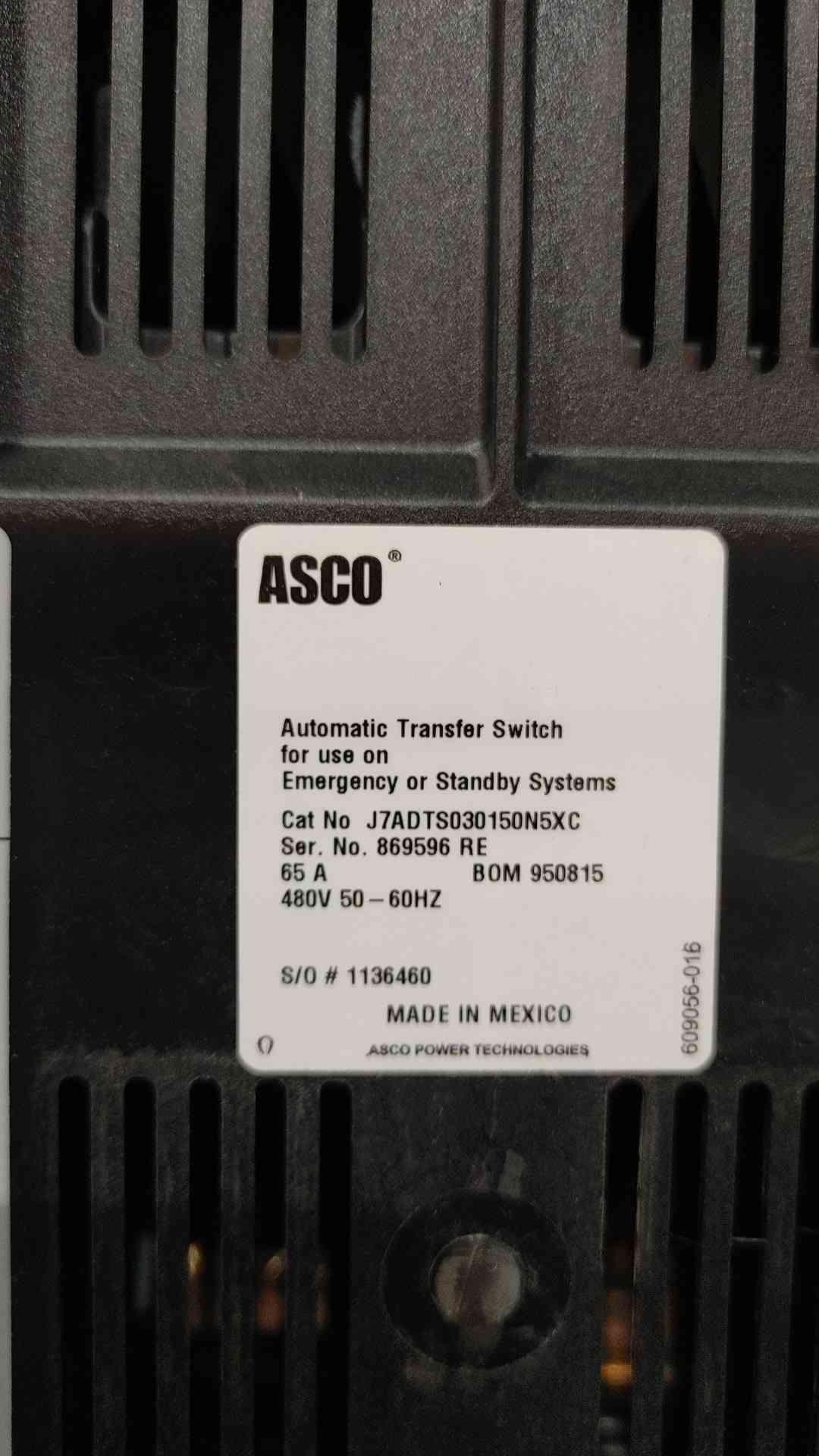 ASCO 7000 Series 65A Automatic Transfer Switch 480V 3Ph ATS J7ADTS030150N5XC