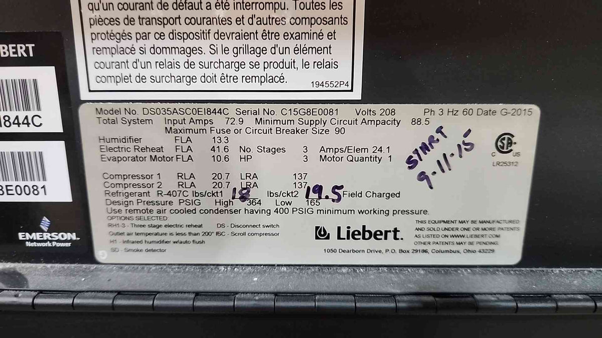 Liebert Emerson DS035ASC0EI844C 208V 3PH Data Center CRAC AC Unit Cooling System