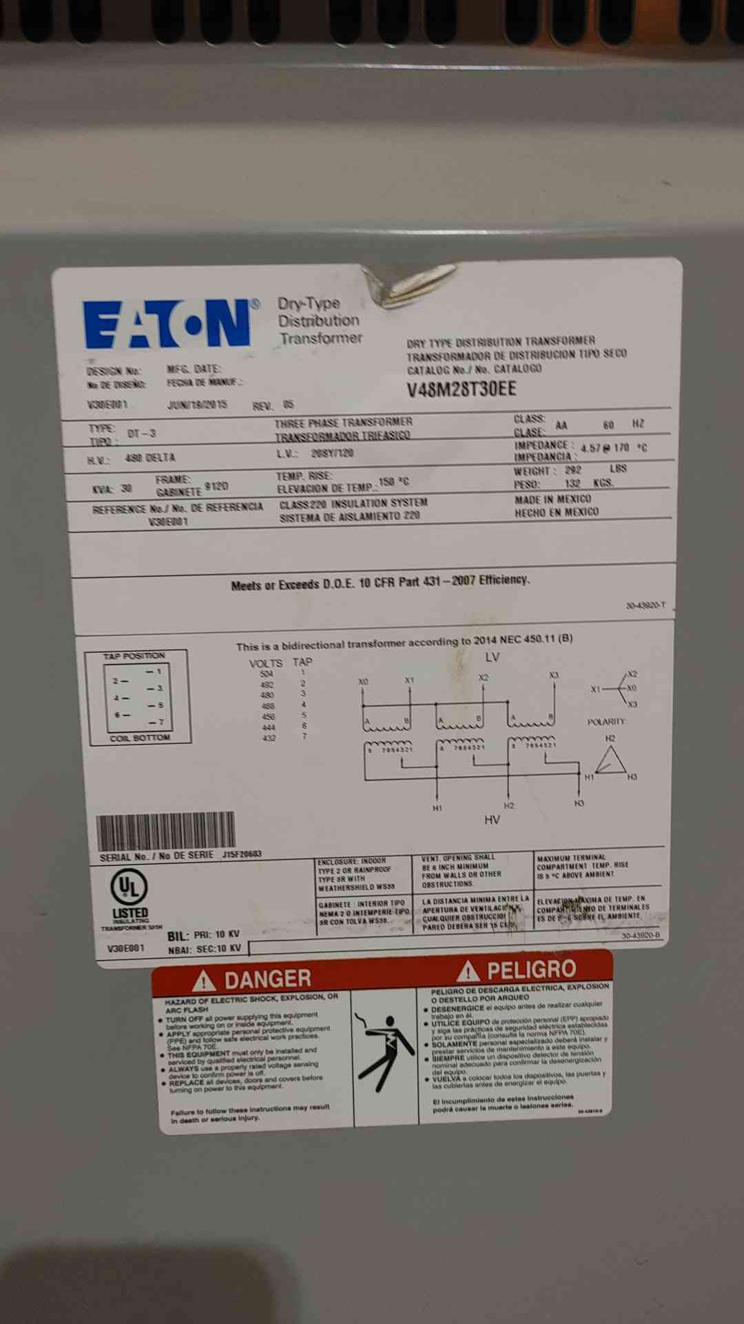 Eaton 30 KVA 3 Phase Transformer 480V Delta to 208Y/120V V48M28T30EE Dry Type