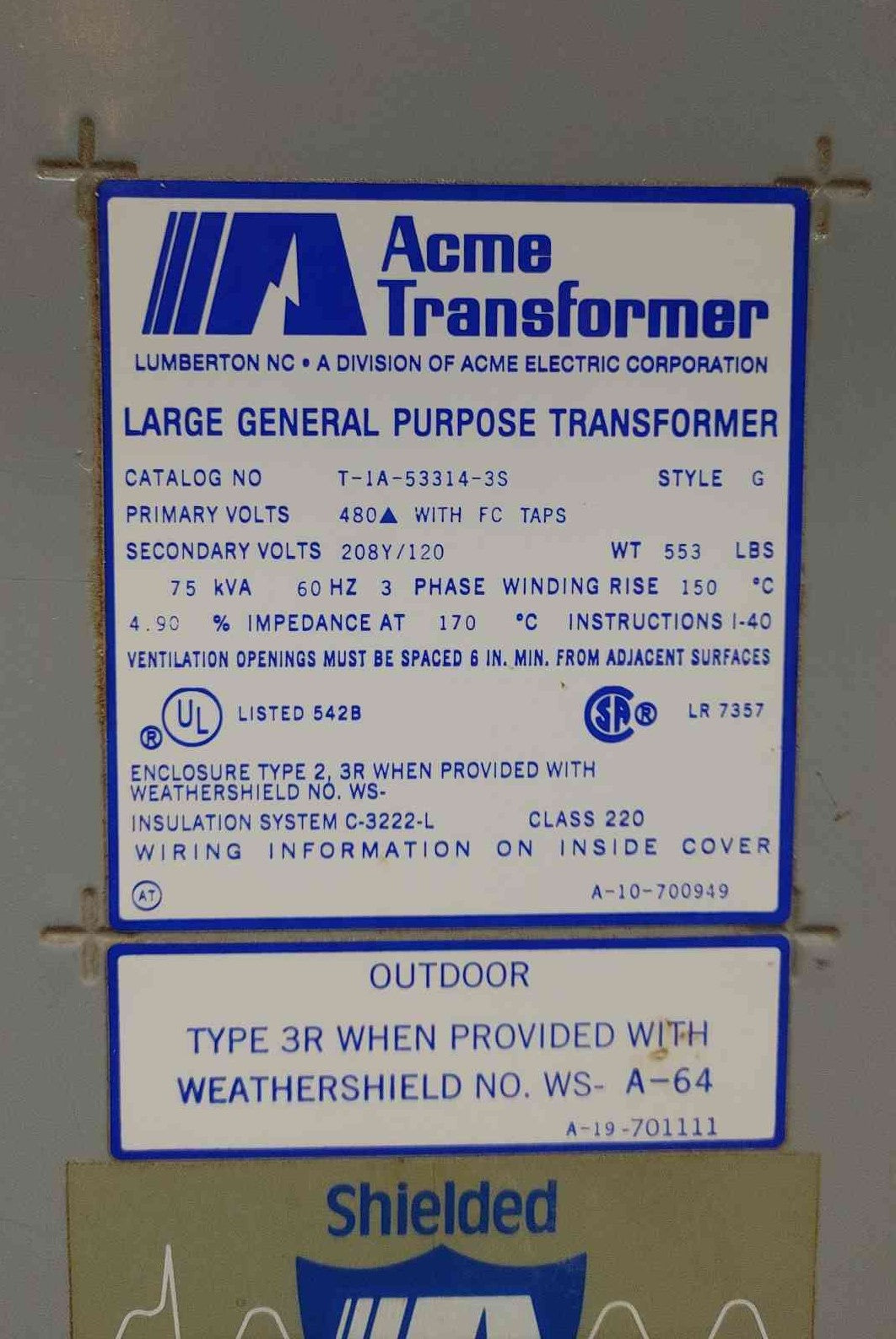 Acme 75 KVA 3 Phase Transformer 480V to 208Y/120V T-1A-53314-3S Dry Type 3R