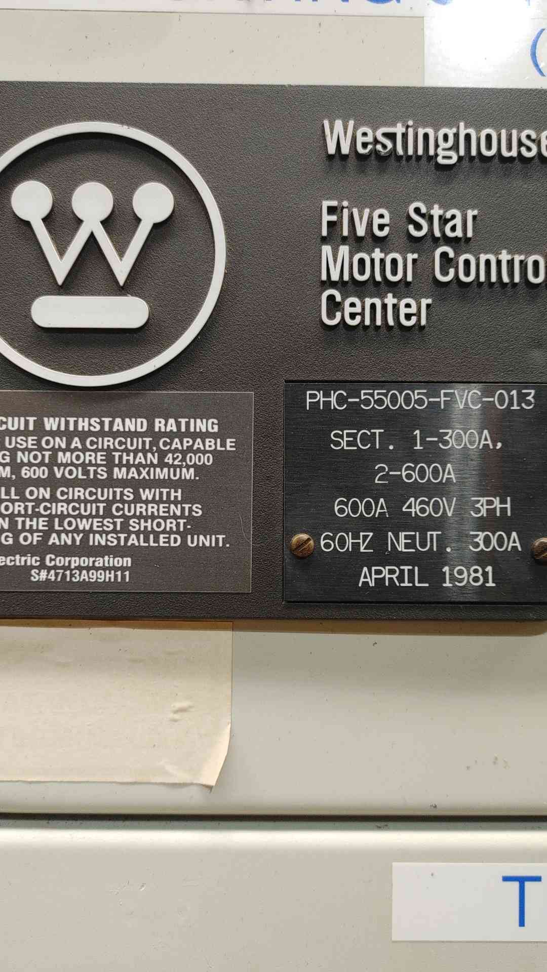 Westinghouse Five Star Motor Control Center MCC Cabinet 600A 460V 3PH 3 Section