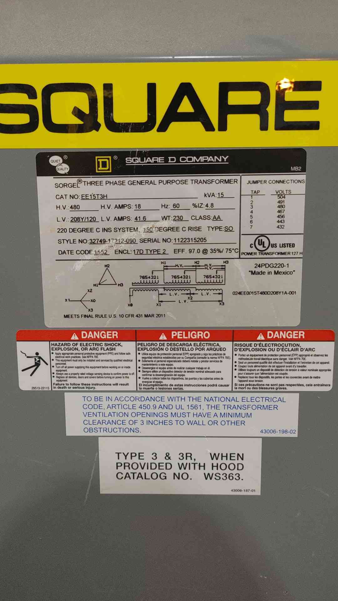 Square D 15 KVA Transformer EE15T3H 480V To 208V W Siemens HF361 30A Switch