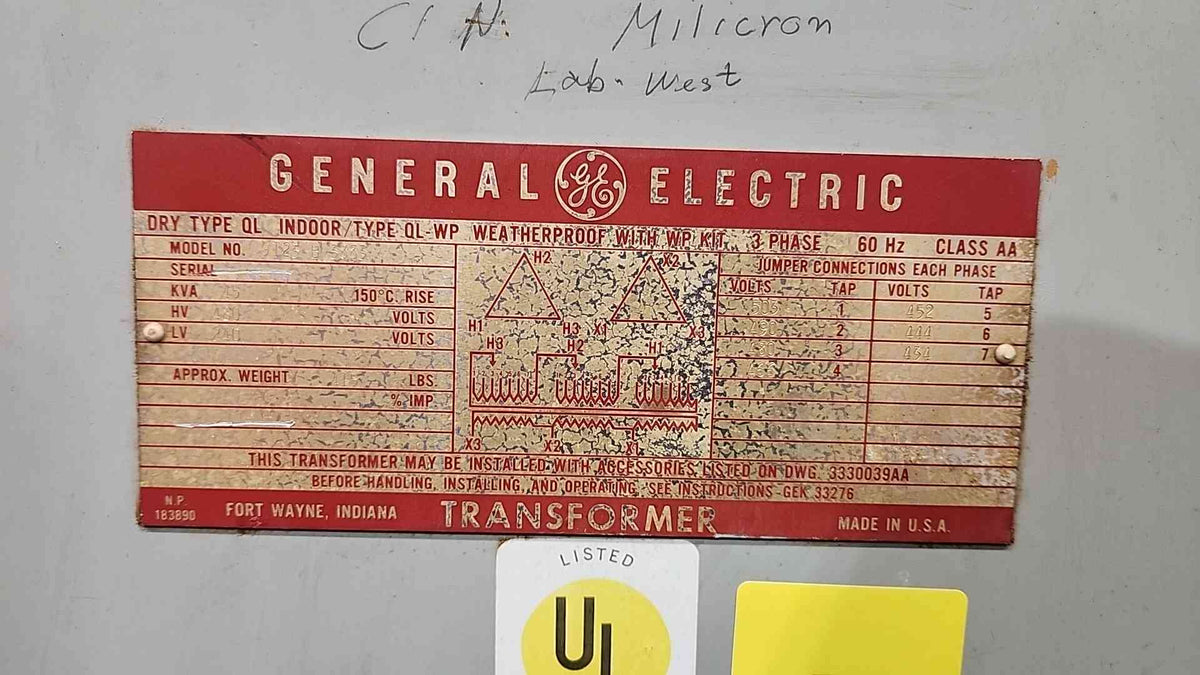 GE QL 75 kVA 3 Phase Transformer 480V Delta to 208Y 120V 9T23B Dry Type 75kVA