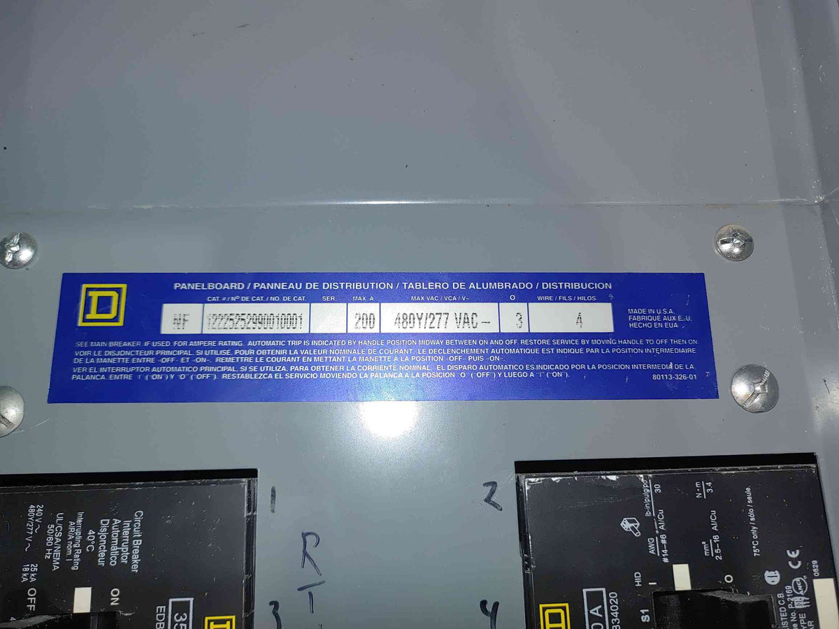 Square D NF Panelboard 200A 480Y 277V Loaded 3-Pole EDB Breakers 35A 60A 20A