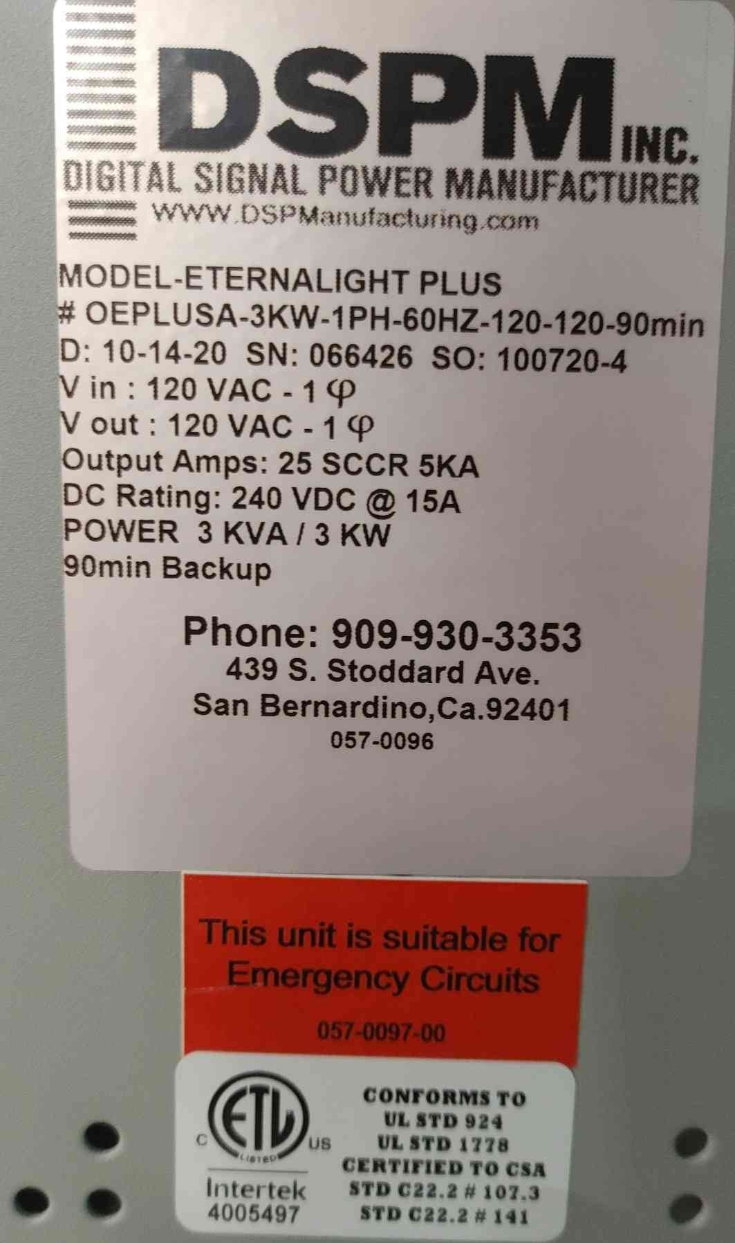 DSPM EternaliGHT Plus 3kW Emergency Lighting Inverter System 120V 1PH UL 924 UPS