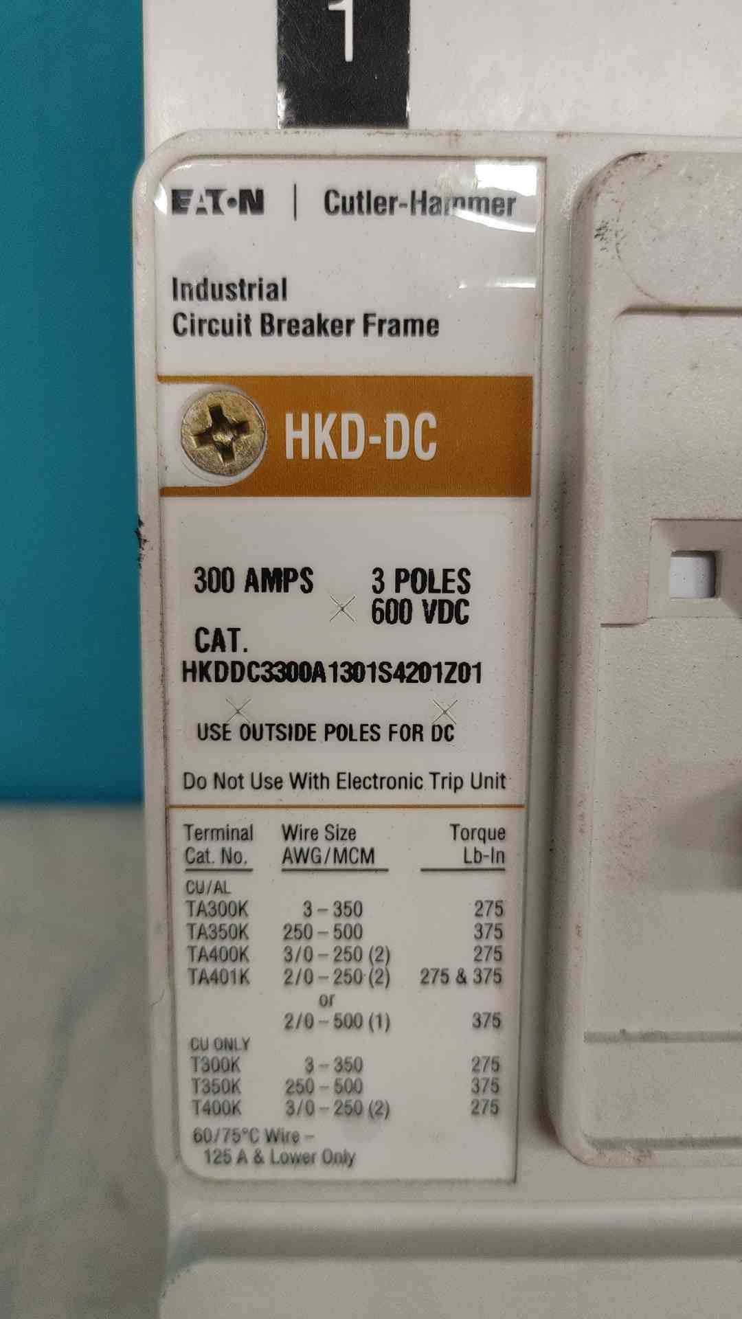 Eaton Cutler Hammer HKD-DC 300A 3P 600VDC Circuit Breaker HKDDC3300A KT3300T Trip