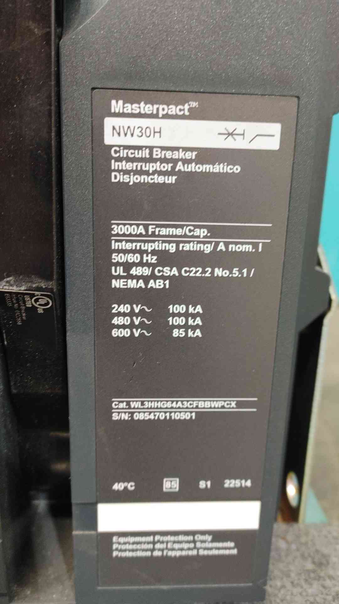 Square D Masterpact NW30H 3000A Circuit Breaker MicroLogic 6.0P ERMS 3000 Amp