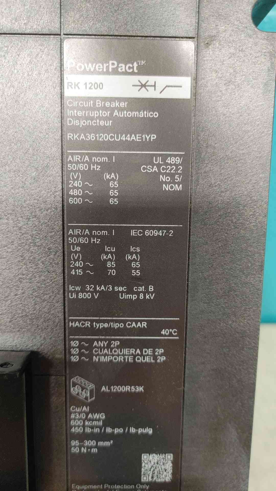 Square D RKA36120CU44AE1YP 1200A 3P Breaker I-Line 600V MicroLogic 6.0A 1200 Amp
