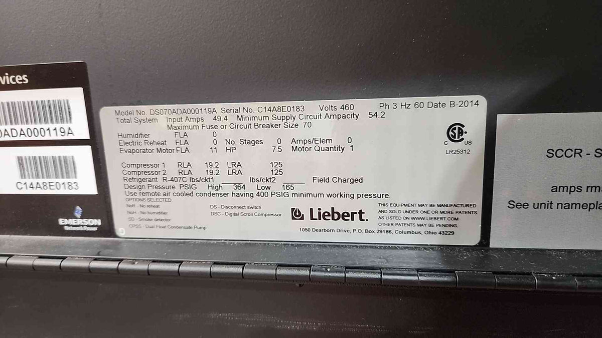 Liebert DS DS070ADA000119A 20 Ton 70kW CRAC Unit 460V 3PH Data Center Cooling